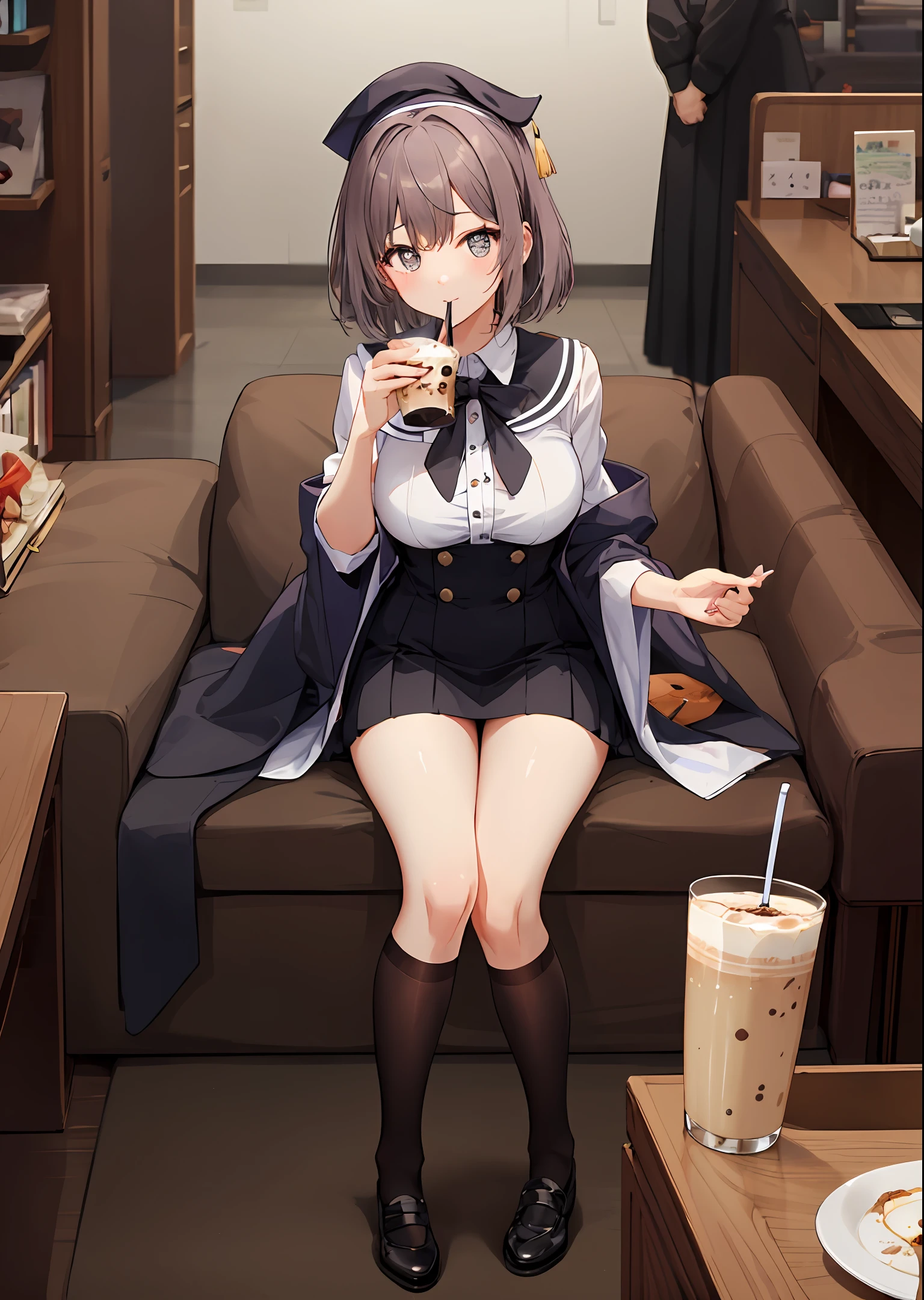 Cute girls,bob hair,show off breasts,Caress your thighs,Academic dress,pupils,black lence stockings,Highest image quality,Grief and pain,drinking milktea,looking at viewert,mediuml breasts,8k,