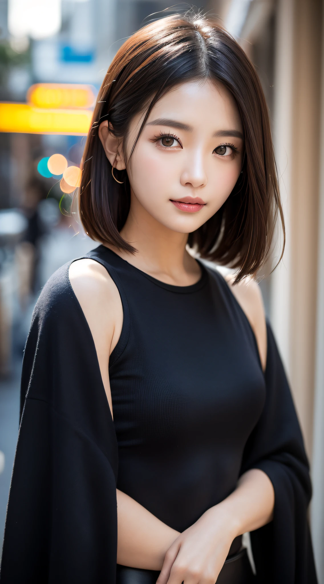 ((best qualtiy、8K、a masterpiece of:1.3))、foco nítido:1.2、(ultra beautiful faces:1.0)、(Slender Abs Beauty:1.0)、(shinny skin:1.0)、photograph realistic、Black-haired、Video Lighting、High-definition eyes and face、Video Lighting、(cowboy shot:1.3)、swim wears、(Korean Cute Actress)、from the front side、medium large breasts、A slight smile、Sleeveless