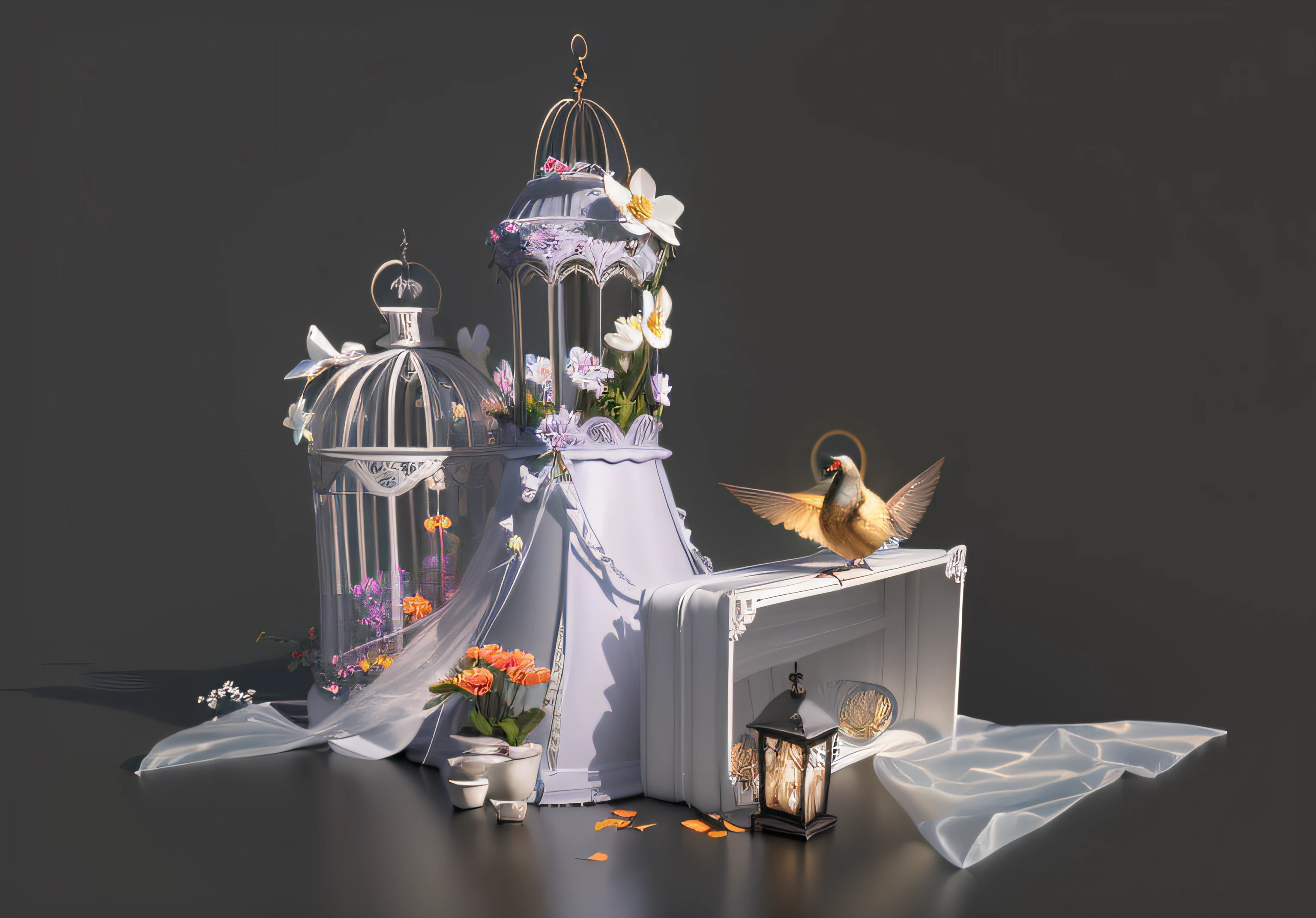 There is a birdcage,There are flowers and a bird inside, vignette illustration, A beautiful artwork illustration, fairy tale style background, Cages, in style of digital illustration, 3 d render stylized, highly detailed scenario, Detailed 2D illustration, 3 d stylize scene, background artwork, magical fairy background, romantic motifs, arte de fundo, post grunge concept art