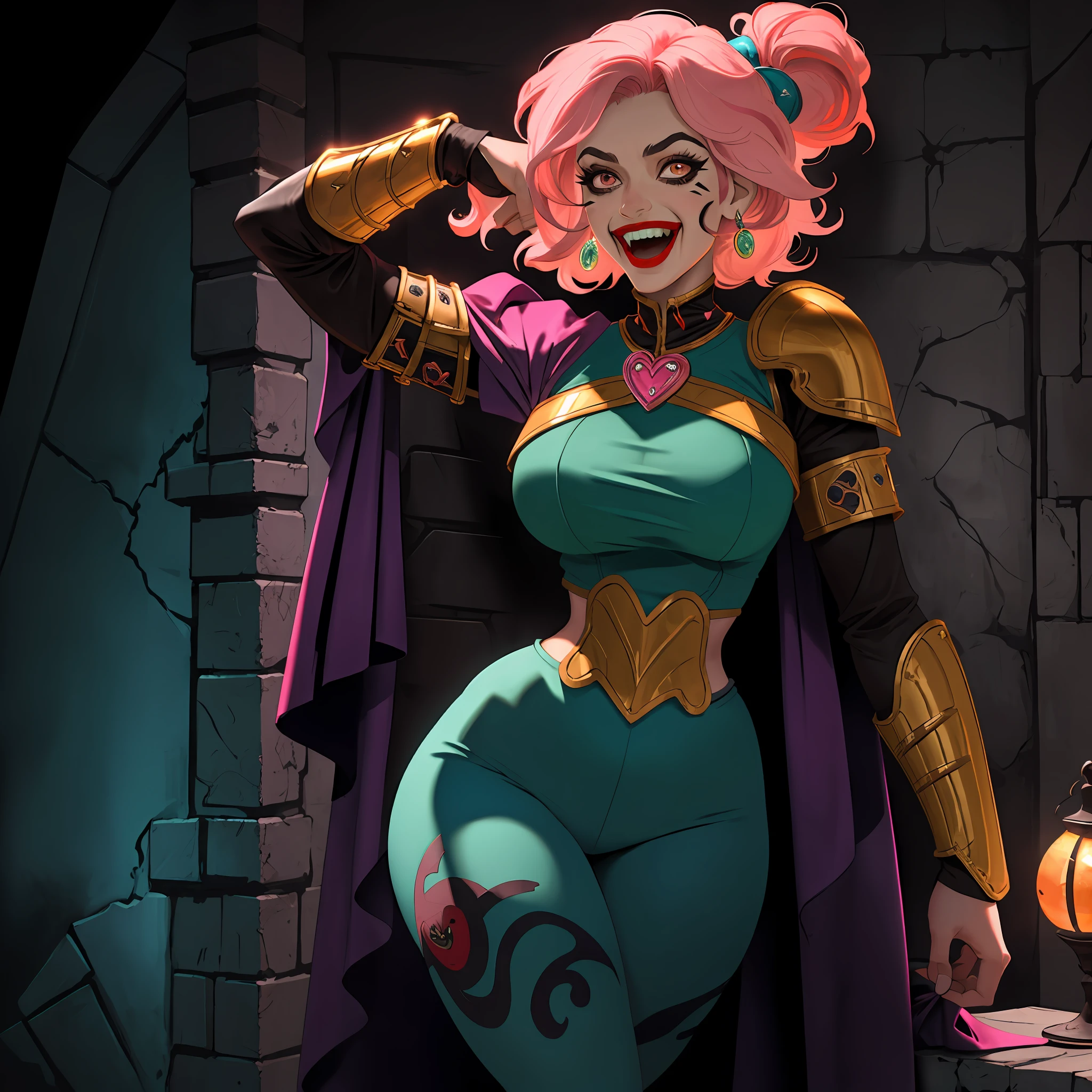 8k, high definition, masterpiece, huge resolution, (gritty fantasy style:1.2), (harlequin:1.2), pastel pink hair styled in loose waves, jester tights, narrow waist, wide hips, (mood lighting), (brown leather armor:0.8), (dark makeup:1.2), (1girl:1.2), (solo:1.2), laughing expression,