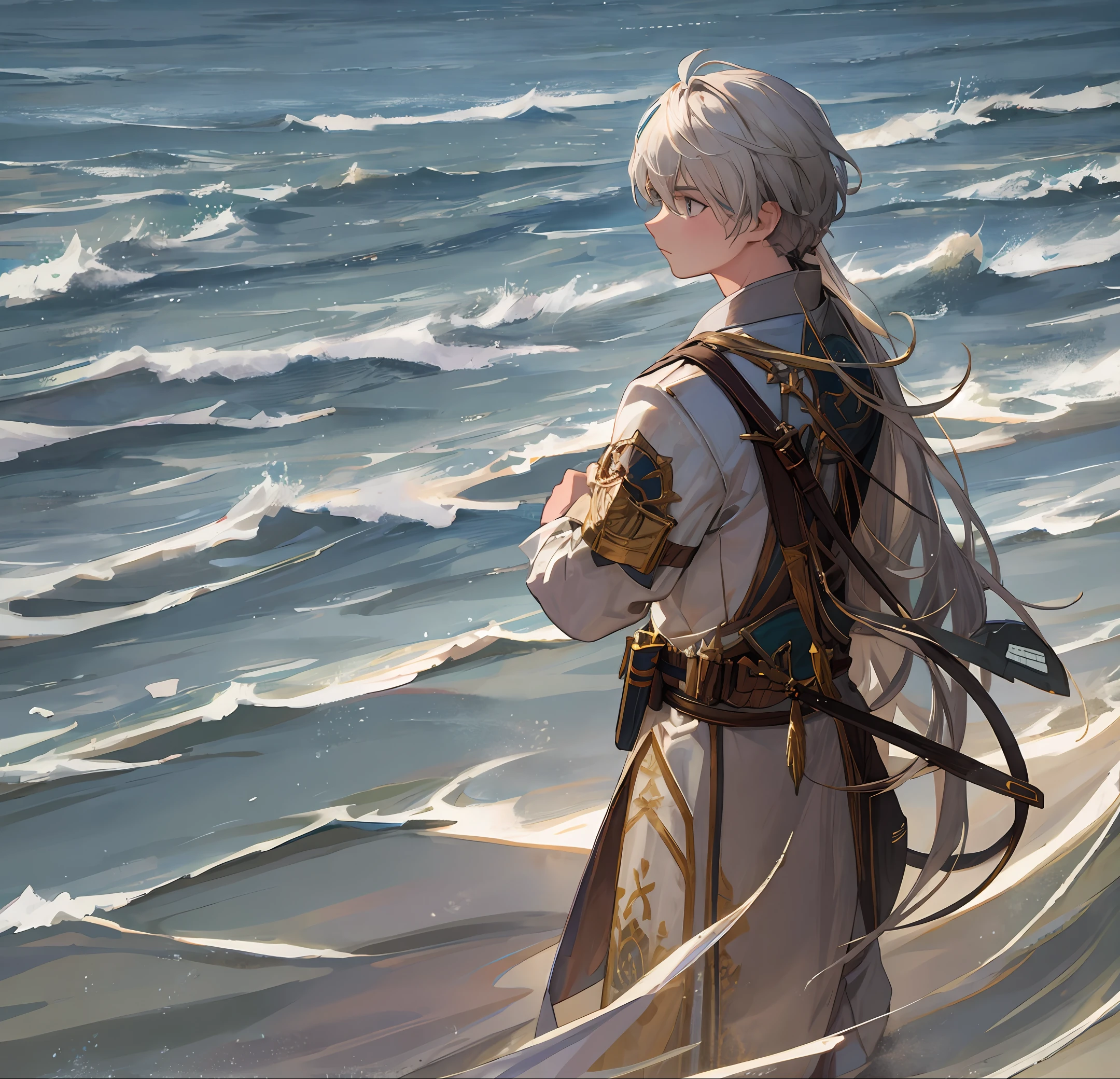 Side face of a character standing on the sea
Features