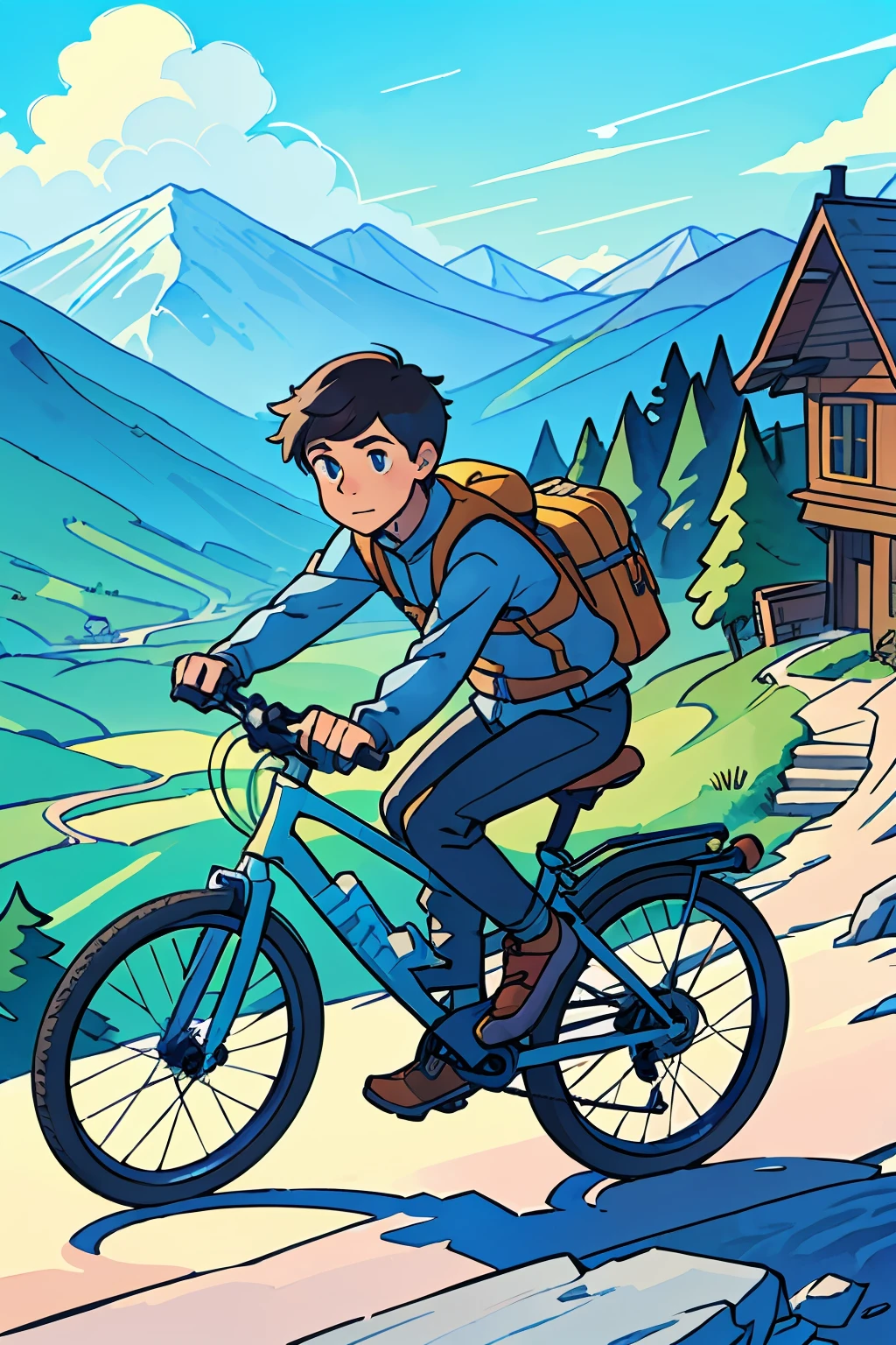 A teenager rides his bike down the mountain，animated still，Gouache matte，Highly detailed watercolor，ultra - detailed