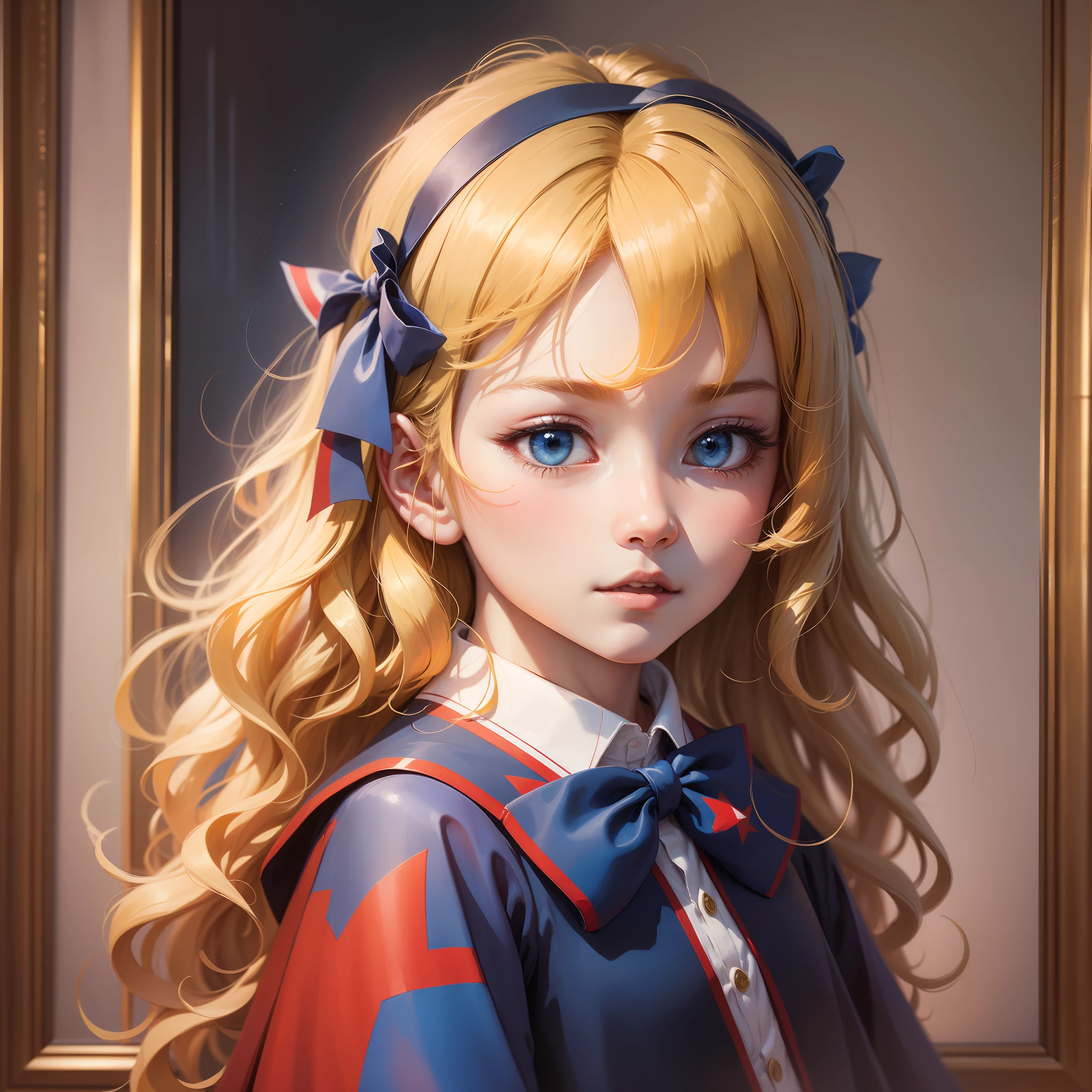 Half-length slightly curly blonde hair，boy，Anime Paintings，Boy in blue dress with bow，Beautiful lighting，Immortal painting，Make a cape out of the French flag。