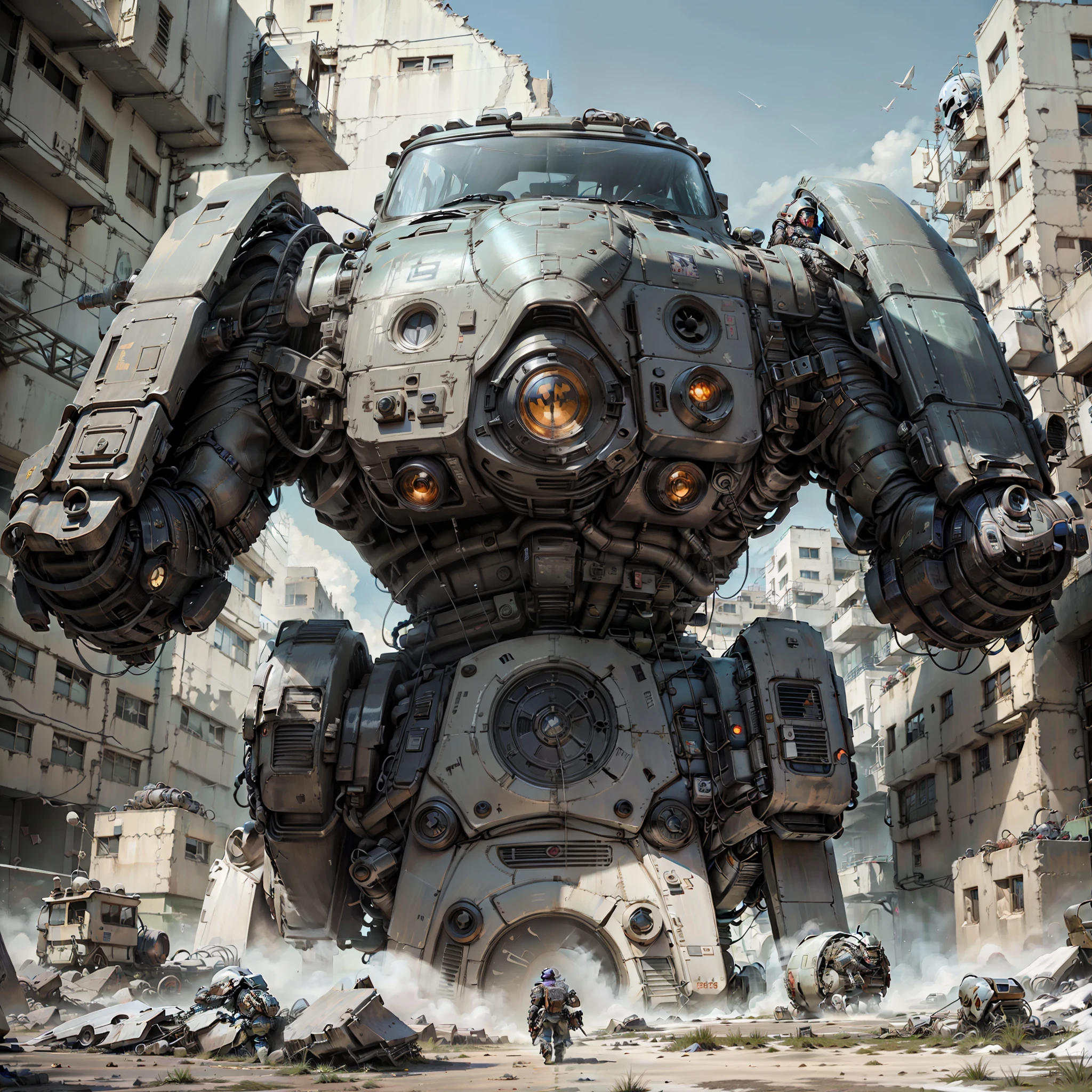 schoolboy。Wears mechanical armor。Wear a mechanical combat helmet。Armed with two swords。Squint。Back wings spread。Mechanical warhorse behind him。high-definition quality。The details are three-dimensional。Stand on a giant mechanical wall。Look down。Purple and black style。