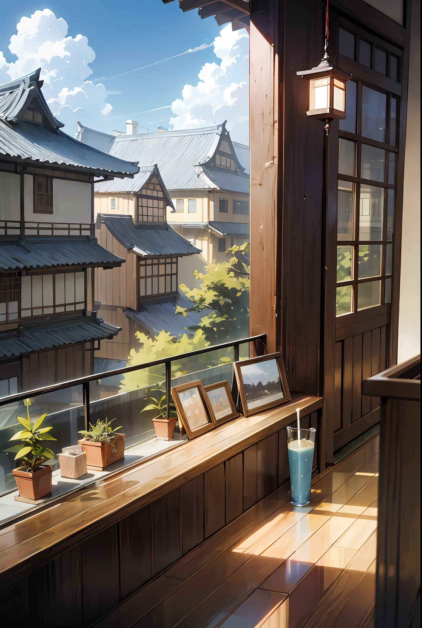 nohuman、Into the cloud、Clear blue sky、Wind chimes on the windowsill1This、Dark indoor、Inside a stylish Japanese-style café、Dark indoor、Seats with a view、iced coffee、No humans