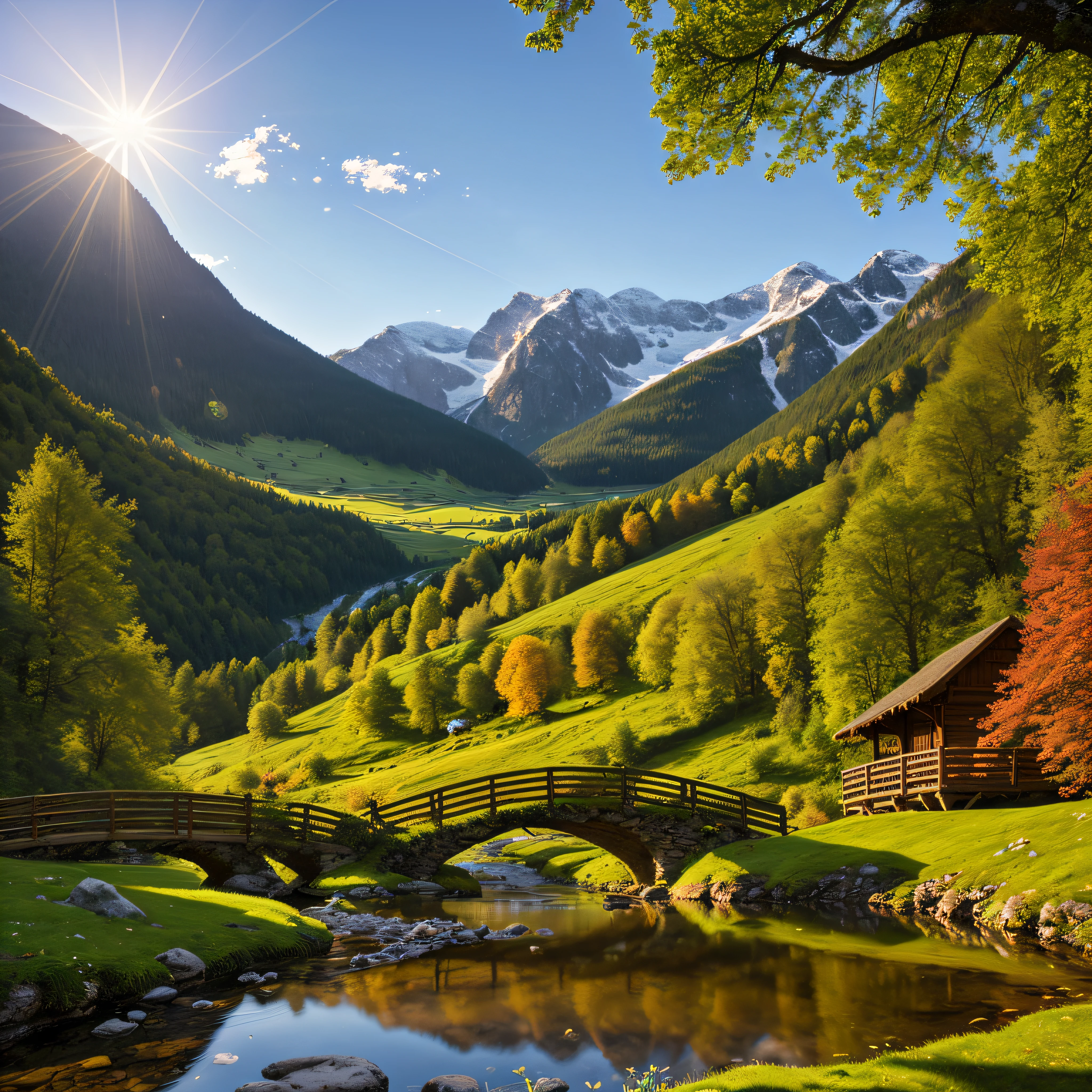On a meadow,There is a hobbit house,Bring a chimney,There is a river next to the house --auto