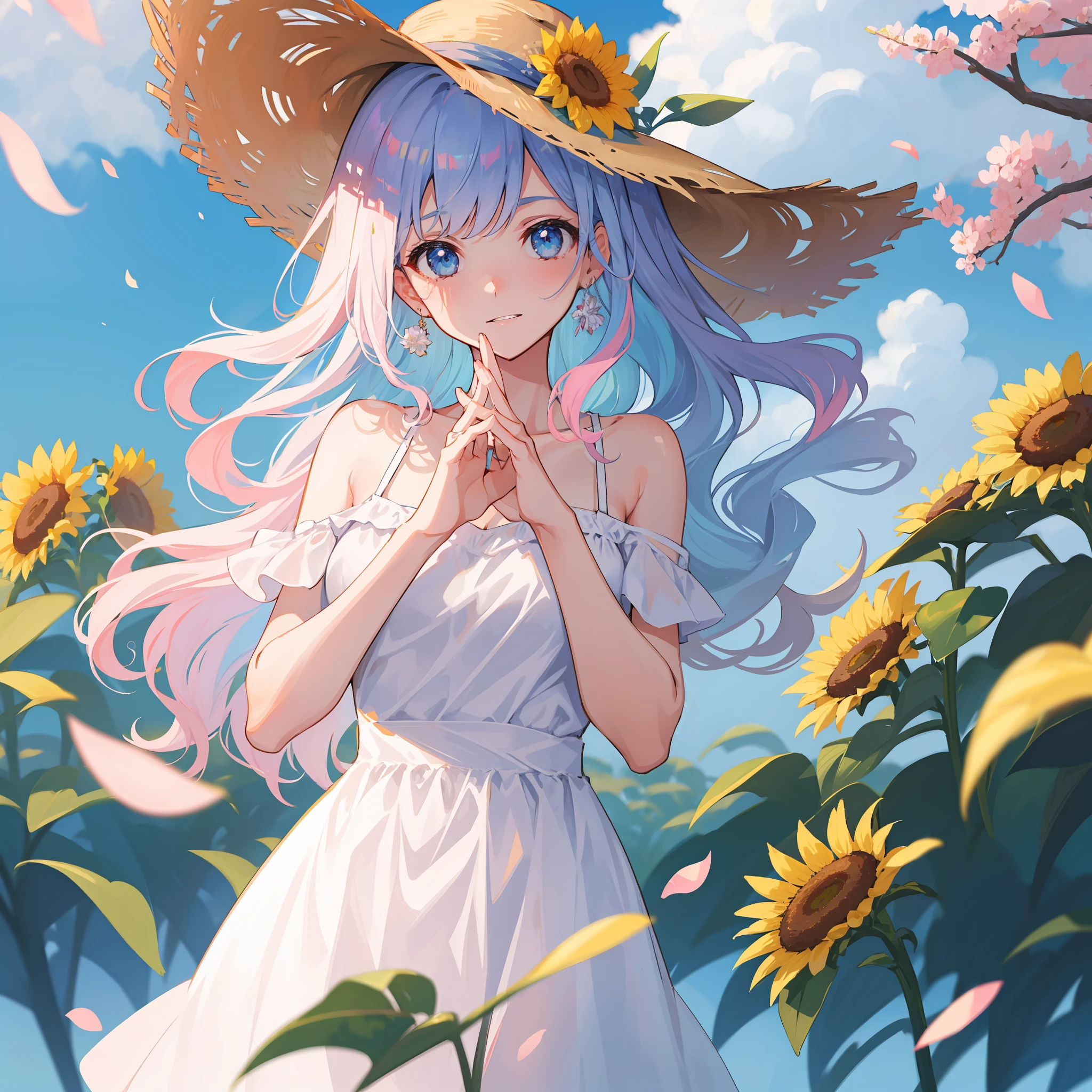 teens girl　Rabbit ears　has silver hair　a straw fedora hat　white  clothes　sunflowers fields　blue-sky　Running　high-level image quality　ren