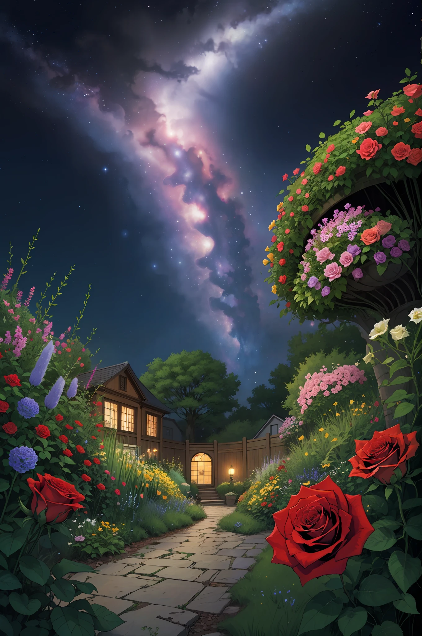 secret garden, lush, floral, rose, botanical, romanticism, moody, space, stars, nebula