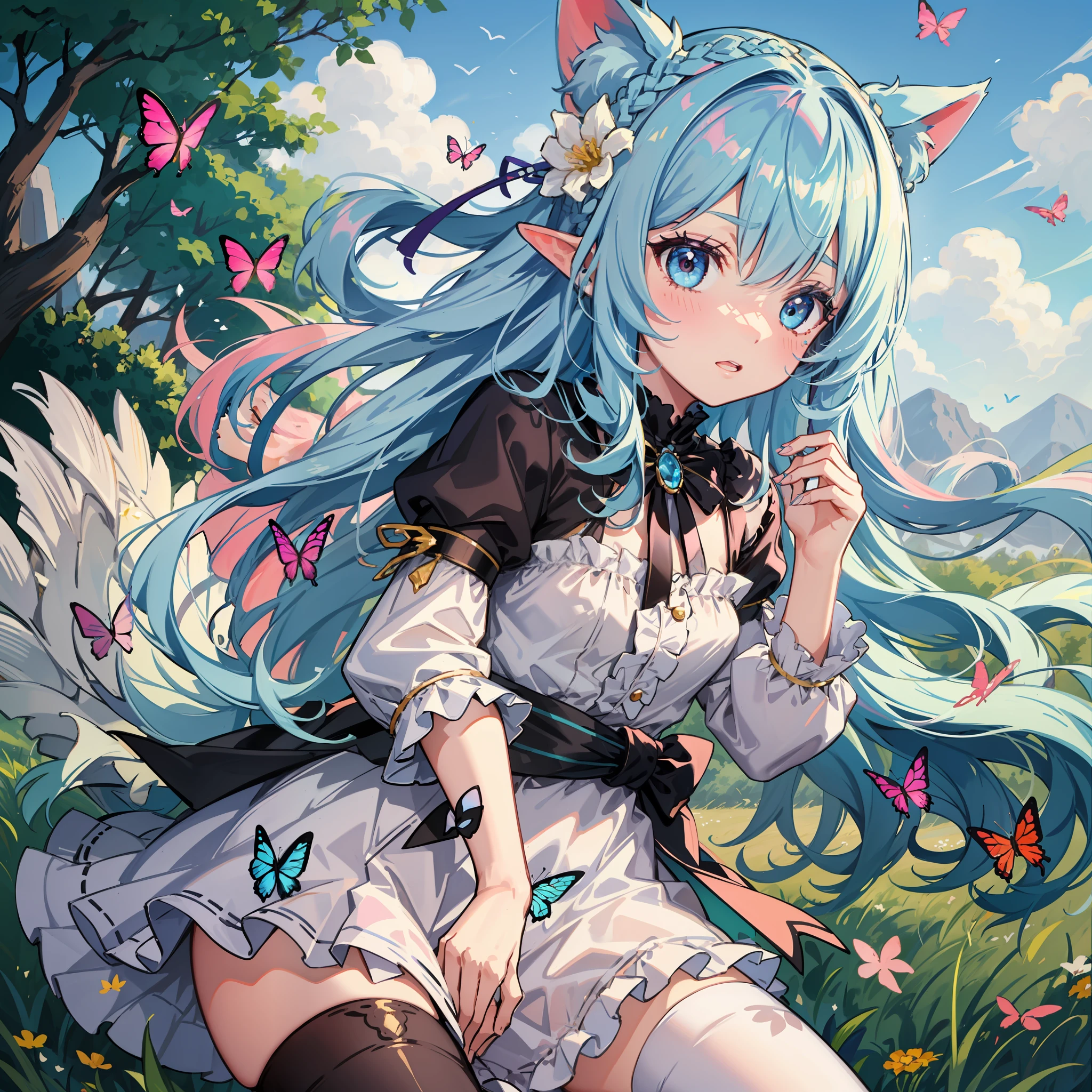 A meadow({multicolour_Hair+Light blue hair:1.8+Pink hair:0.2})Beast-eared li,White fat meow-style makeup,Tiny cute,Field scenery,Colorful falls,Butterflies flutter，white stockings，Butterfly flower headdress