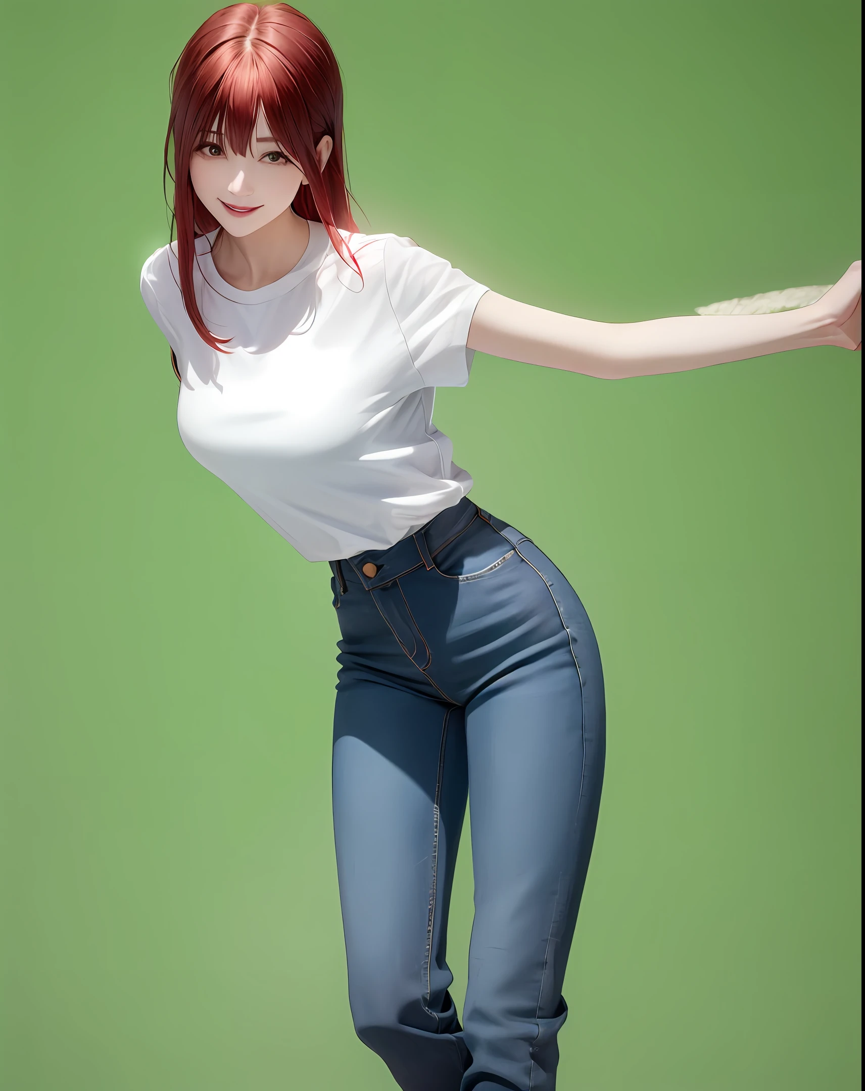 White clothes,perverted woman,Long red hair,full bodyesbian,Green background,denim pant,Need,ssmile