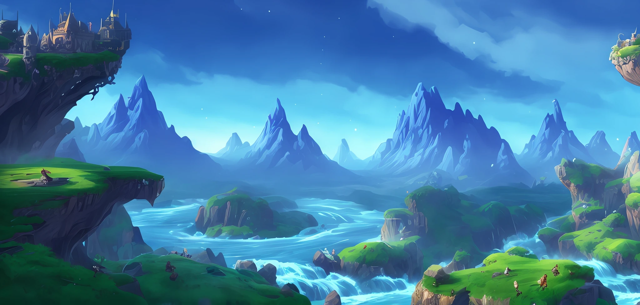 a close up of a video game with a mountain and a river, avatar landscape, Stylized concept art, stunning arcanum backdrop, fantastic screenshot art, ultra wide gameplay screenshot, gigantic landscape!, lush alien landscape, colorful concept art, alien forest in background, made of tree and fantasy valley, epic landscapes, epic environment, Flying Island in the Sky, background artwork,Huge wyvern,Magnificent castle