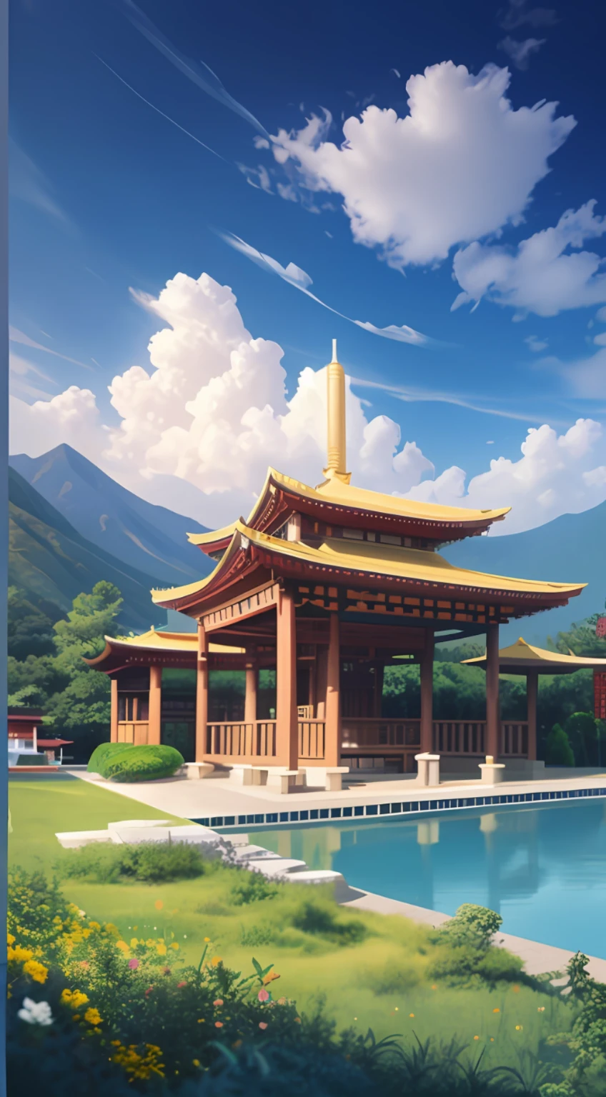 there is a painting of a pagoda in the middle of a lake, digital painting of a pagoda, Temple Background, buddhist temple, background depicting a temple, Zen temple background, japanese temples, buddhist architecture, tibetan inspired architecture, water temple, Temple, Beautiful rendering of the Tang Dynasty, Inspired by Yoshida Hanbei, inspired by Shūbun Tenshō, Chinese style buildings