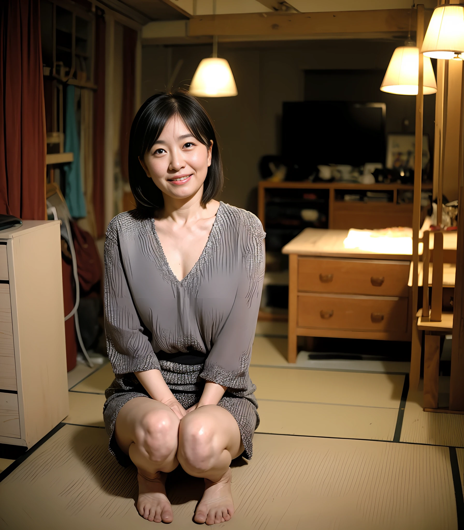 ((beste-Qualit、8K、masterpiece、portlate:1.3)), (ambient lights:1.5), (Bounce Lighting:1.8) ,Hphotorealistic, foco nítido, hightquality, HDTV, 独奏, japanes, Middle-aged woman, Beautie, live alone、midsummer、High temperature、High humidity、(Lower grade:1.5)、(Poor life:1.2)、Clothes that show cleavage, 48yo, Fat and flabby body:1.5, gigantic-breast:1.5, (Scruffy body:1.2)、hair wavy, Wrinkles at the corners of the eyes, ((Show panties:1.5)), (Cluttered background, Messy room: 1.5)、Female clothing is messy and cluttered、(Old apartment complex in Japan:1.2), Old apartment in Japan, dark ambiance, Laugh、Lying on your back with your legs spread while look in front of you eyes, Show panties:1.5、spreads your legs:1.5、Angle showing the crotch of the panties、Lower grade、poverty、Vile