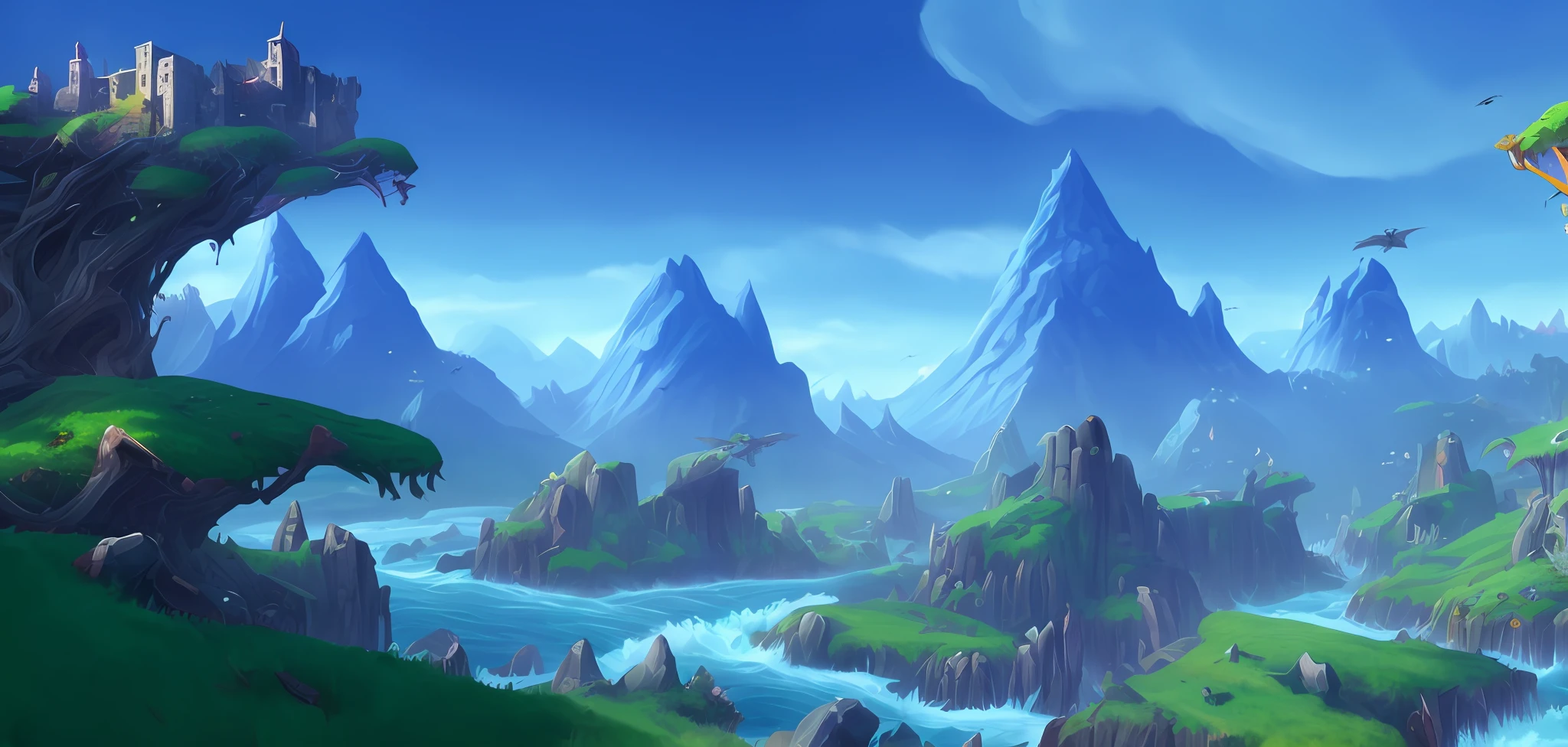 a close up of a video game with a mountain and a river, avatar landscape, Stylized concept art, stunning arcanum backdrop, fantastic screenshot art, ultra wide gameplay screenshot, gigantic landscape!, lush alien landscape, colorful concept art, alien forest in background, made of tree and fantasy valley, epic landscapes, epic environment, Flying Island in the Sky, background artwork,Huge wyvern,Magnificent castle