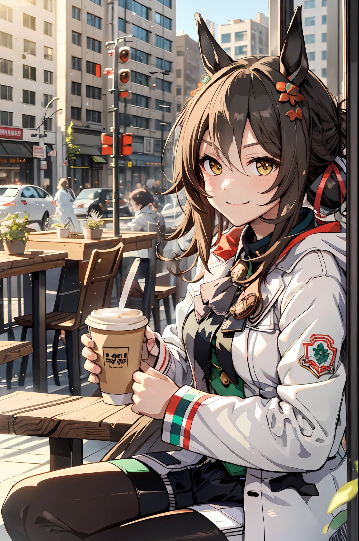 masterpiece, best quality, fine motion \(umamusume\),horse ears, horse tail, light smile, white jacket, black legwear, holding coffee cup, sitting, coffee shop window, sunlight, sunny, cityscape, bcomfy ambience, {correct posing}, {detailed background},