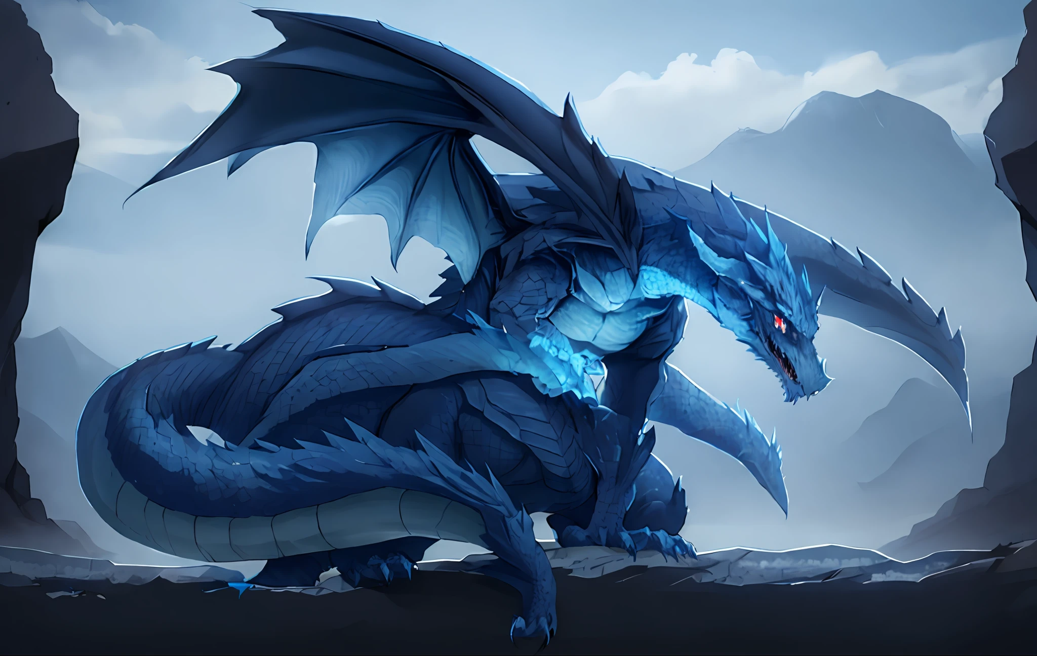 anime, a dragon with a man on its back, is sitting on a rock, d&d commision art dragon, black dragon, serpe, frost dragon, giant dragon resting in a cave, dragon with scars, but as an anthropomorphic dragon, A majestic gothic dragon, blue scaled dragon, Ancalagon o Preto, full body dragon concept
