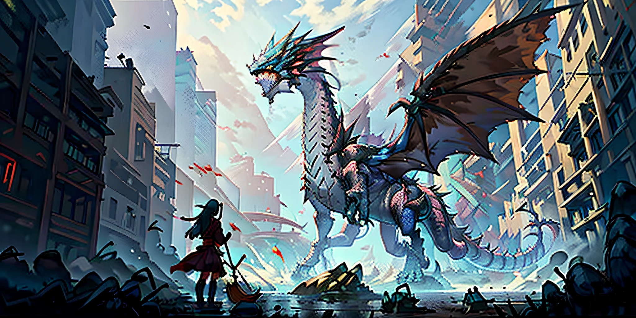 (masterpiece, best quality:1.4),
(badass, battle stanse:1.2), epic, from behind,
1girl, solo, japanese school girl holding broom, japanese school girl, broom, standing against dragon, red dragon, detailed background, wind, (cyberpunk city:1.2), street