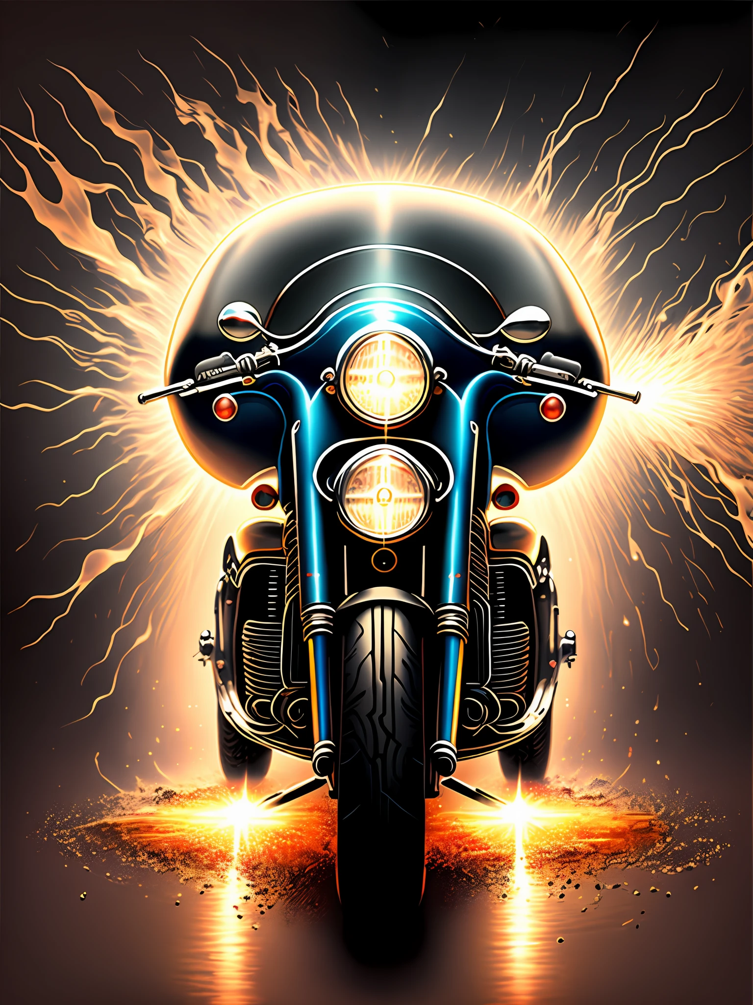 uma pintura de uma moto colorida em um fundo preto,, breathtaking rendering, inside a radiant connection, inspirada em Kinuko Y. Craft,, Magical Elements, motorcycle icon, uau, it's beautiful, casting a colorful multi spell, bright flash, glare