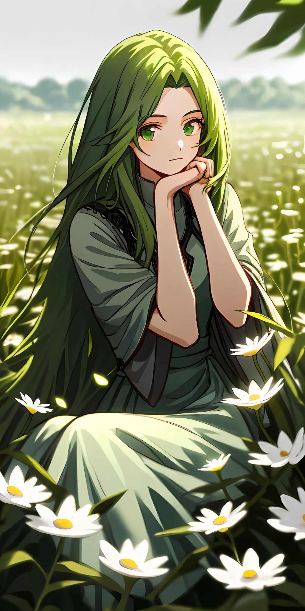 （tmasterpiece，best qualtiy），1 long green hair girl sitting in a field of greenery and flowers，her hand under her chin，warmly lit，Gray and green dress，Blurred foreground