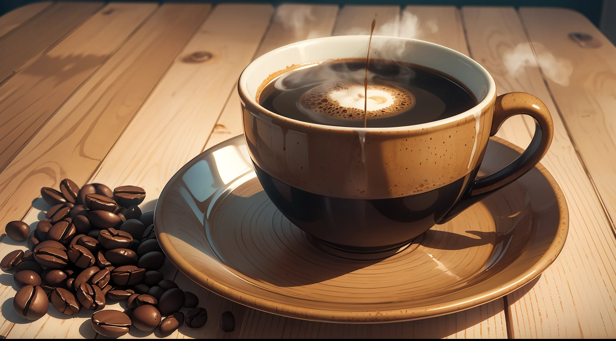 cup of coffe, amazing, masterpiece, delicious, cozy, wallpaper, steam,wood,table,gorgeous, reallistic, pottery,calm
