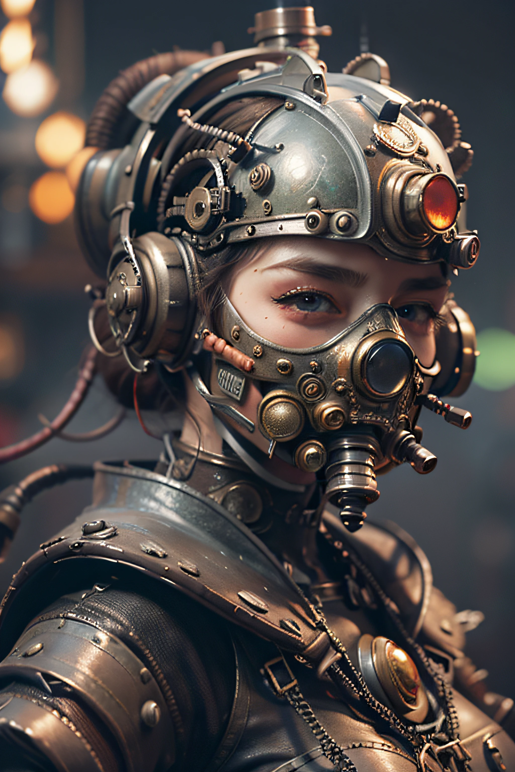 there is a woman with a steam mask on her head, Portrait of a mechanical woman, Arte Digital 4K Realista, Arte Digital 4K Realista, Wojtek FUS, Arte digital altamente detalhada em 4k, Cyber Steampunk 8K 3D, arte steampunk digital, Arte digital realista 8k, Arte digital detalhada em 4k, Arte cyberpunk 8K ultrarrealista, arte conceitual ultra realista,