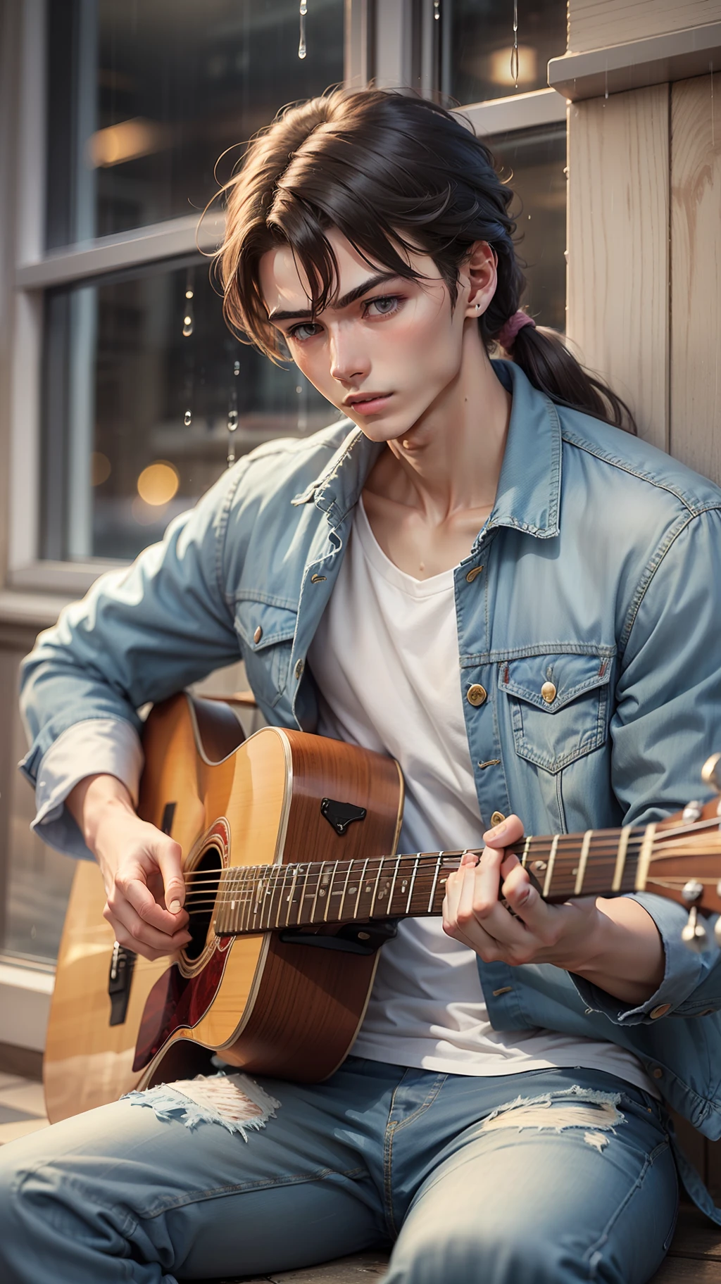 A skinny boy with long tied hair with a ponytail, sharp jawline, and blue denim jacket, and a white shirt inside, playing acoustic guitar sitting near a window and its raining outside.