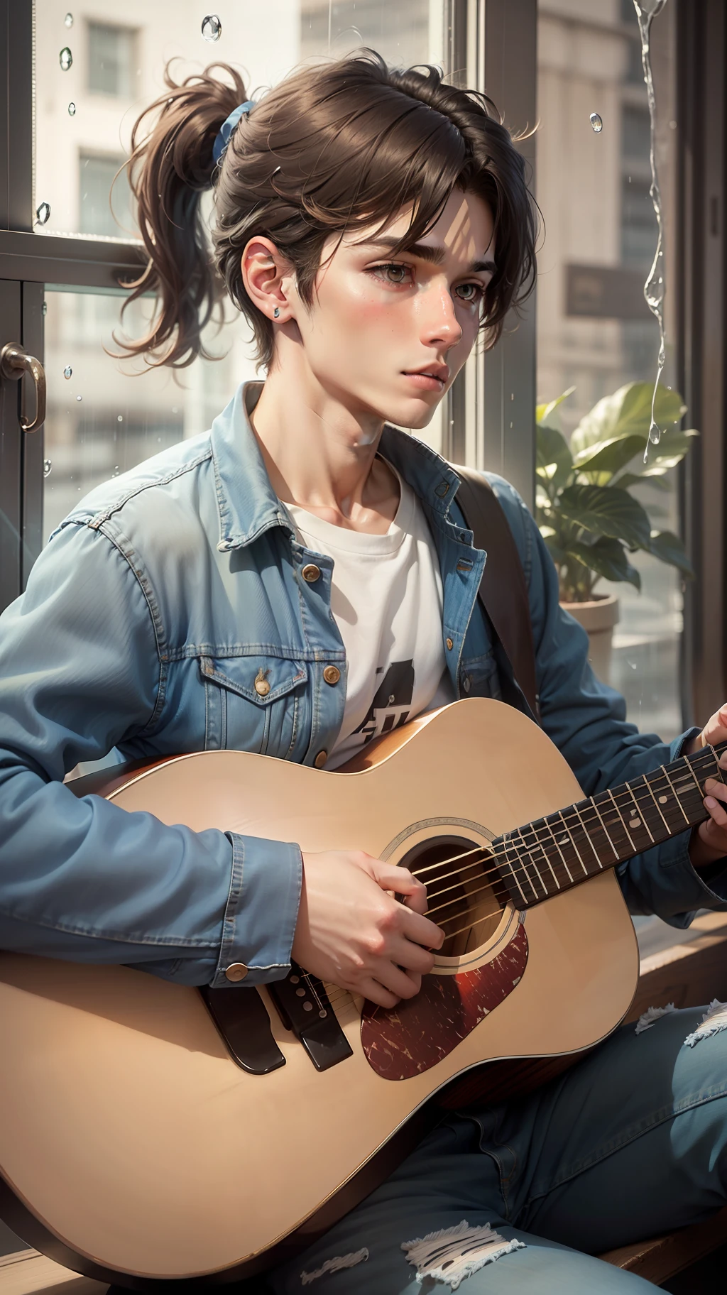 A skinny boy with long tied hair with a ponytail, sharp jawline, and blue denim jacket, and a white shirt inside, playing acoustic guitar sitting near a window and its raining outside.