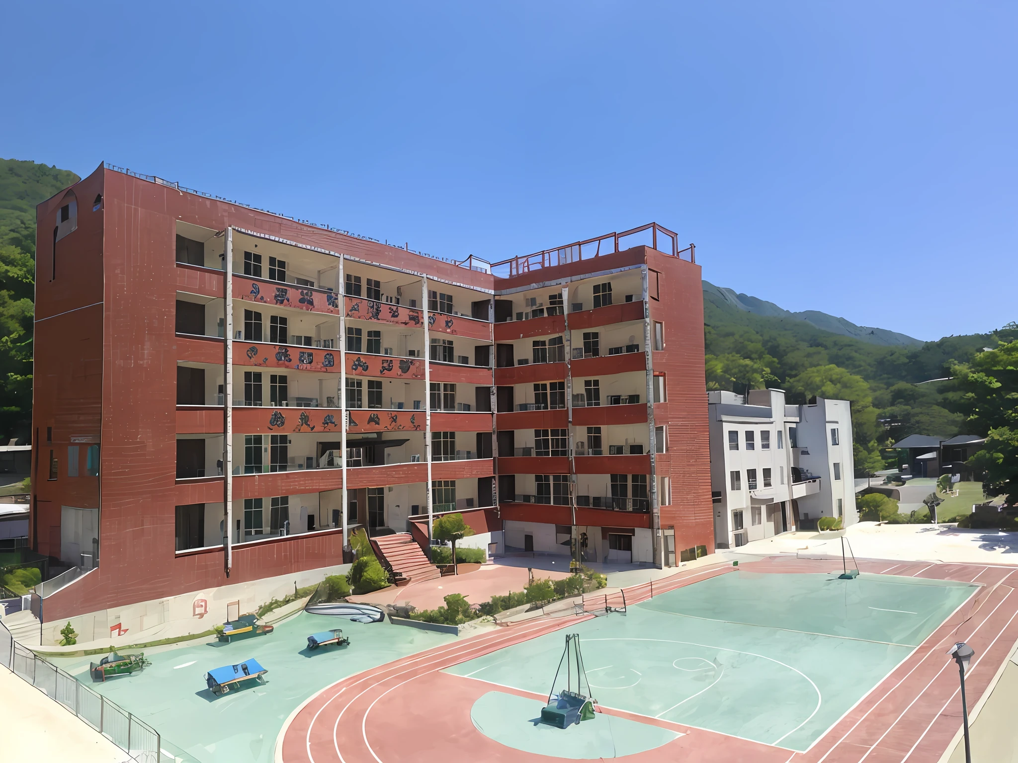 There is a red building,There is a basketball court in front, Japan High School, full building, school courtyard, picture taken from the ground, inside elementary school, school, High school, building facing, schools, College, external view, allure, the photo shows a large, multistory building, full - view, On a sunny day, full device,Clear sky