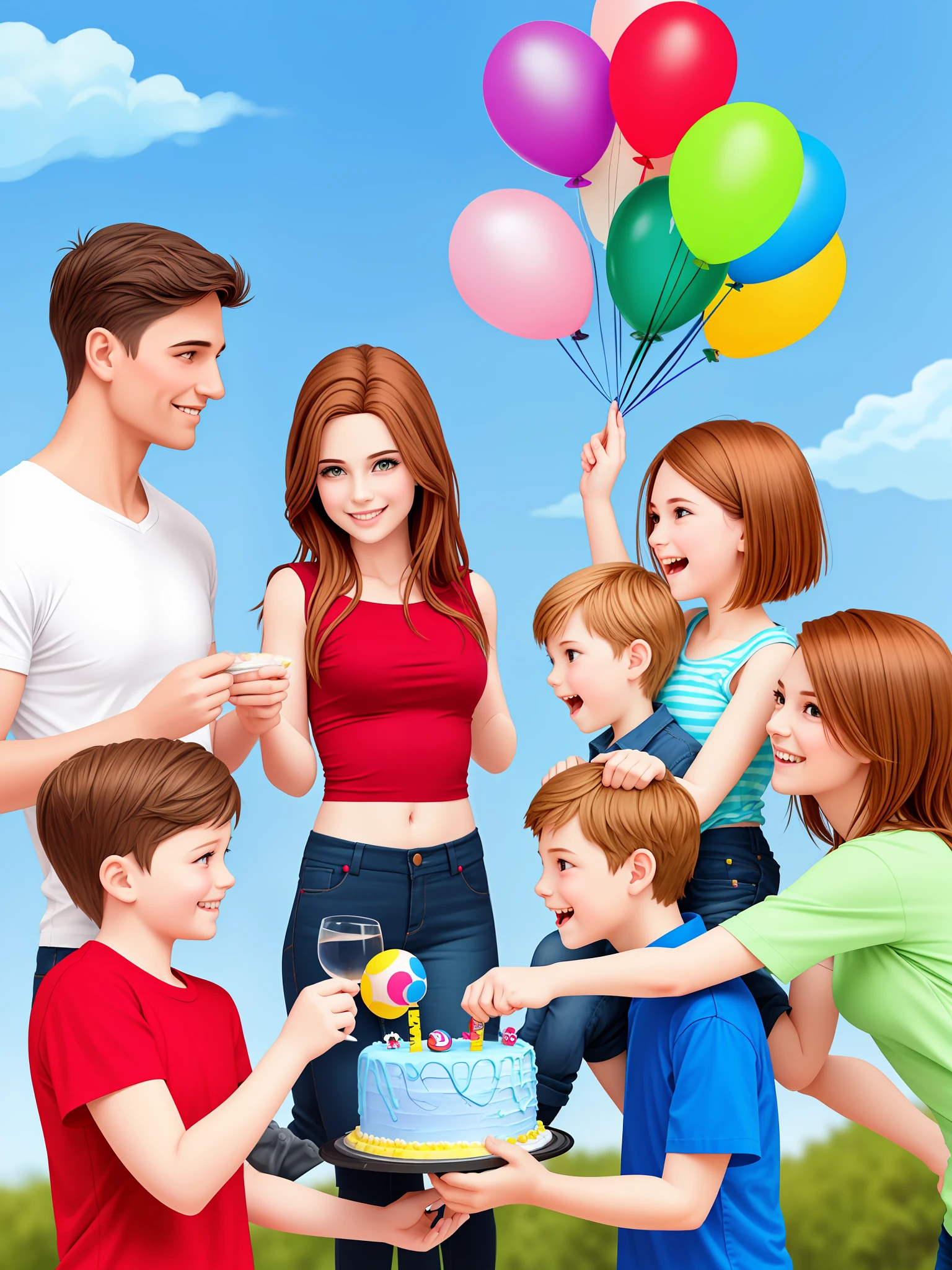 Cartoon doll family of four,What a lovely daughter,A man,In celebration of birthday,The birthday cake,gift,balloon