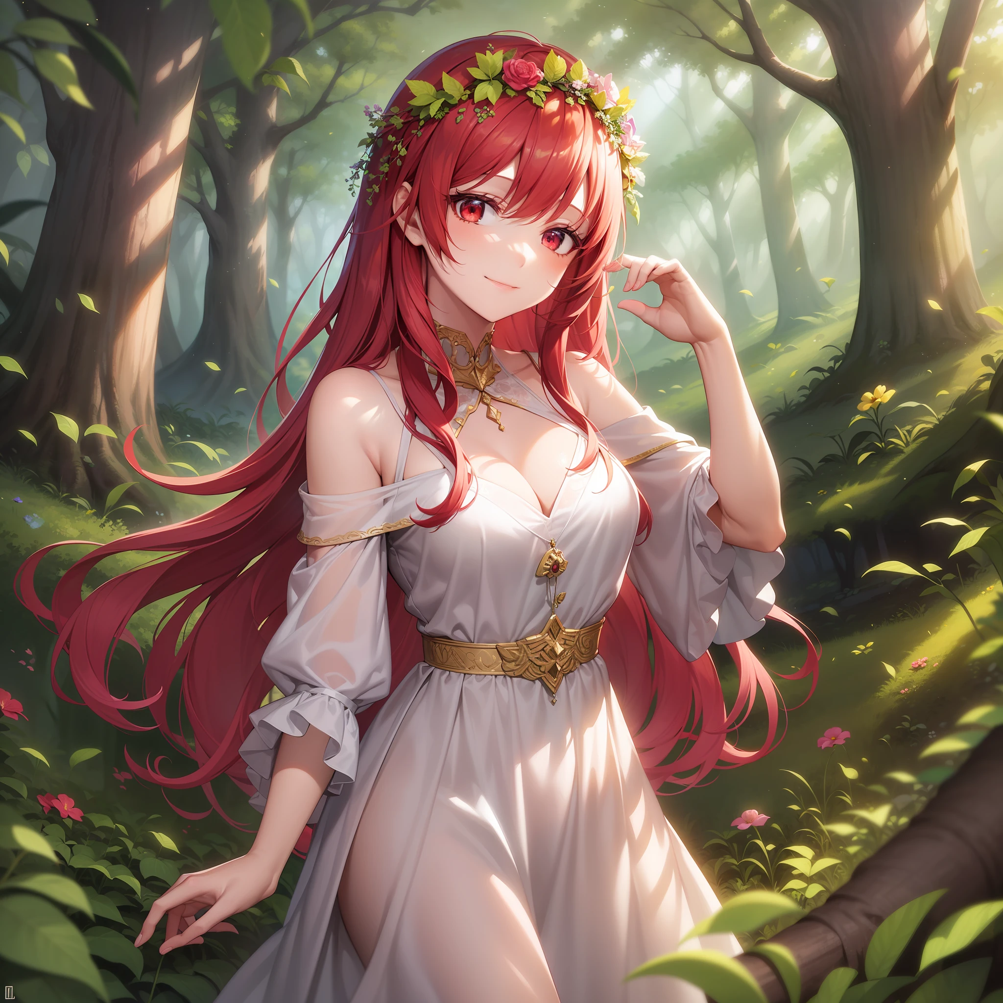 best quality, masterpiece, ultra-detailed, illustration, vibrant color palette, a lovely red-haired girl, solo, fantasy, long flowing red hair, fiery red eyes, fair skin, soft and delicate features, sweet smile, flower crown, ethereal dress, flowing fabric, forest background, dappled sunlight, magical atmosphere, butterflies and birds fluttering around, glowing orbs of light, a sense of wonder and enchantment, the girl is surrounded by nature, a gentle breeze rustling through the trees, warm and inviting ambiance, a painting that captures the beauty and innocence of the girl in a whimsical setting.