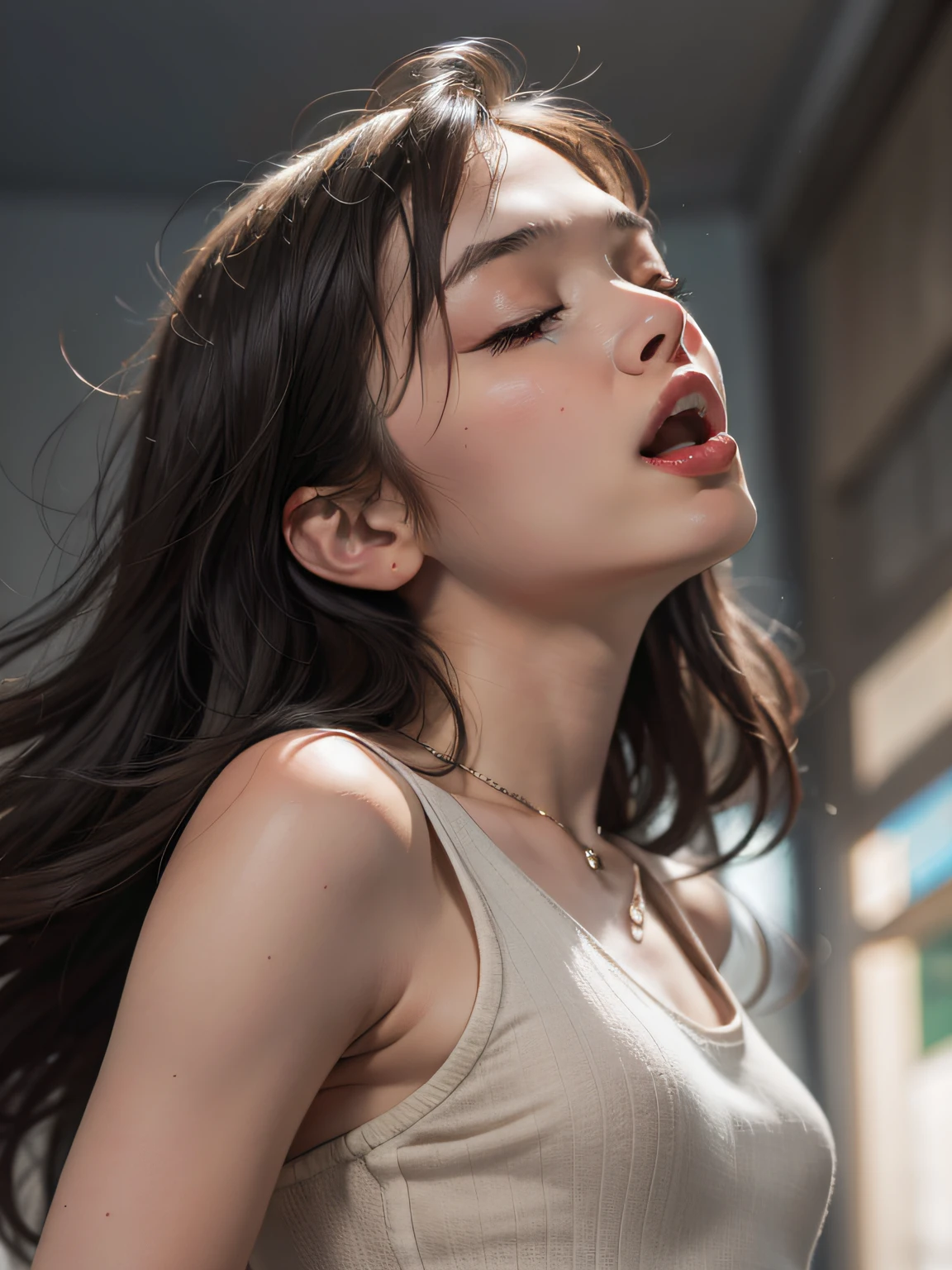 realisitic、8yk、Raw photo、(masuter piece)、(finely best quality)、Hi-Res、((Looking Up))(girl with)、(realisitic、Hphotorealistic:1.2), Upper body、Sleeveless、skinny、years、small tits、Eyes closed、Deep sadness、Sorrow、look up sky、Open mouth、screeming、a room、Background blur --