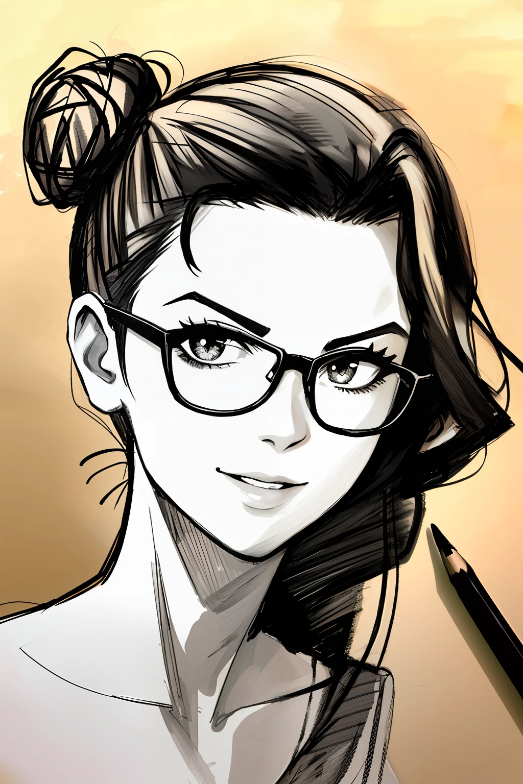 In the style of Mark Cameron, Pencil sketch illustration on a striped background, of a sassy young woman with her hair up in a messy bun, upturned corners closed lips smile on her face, wearing glasses, She is trying to hide a smile, Sassy expression on her face, bemused expression, head and upper torso portrait, include arms and hand, illustration style, one raised eyebrow