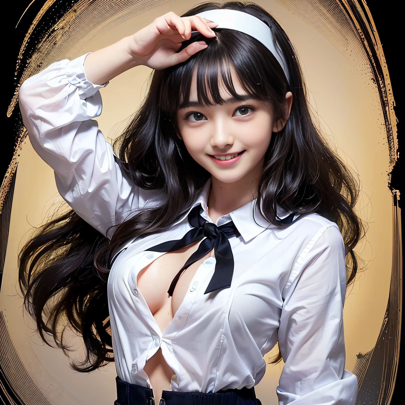 (((ultra best quality、Upper Body Up、Slender 20 years old、Super beauty in Western style、super detailed face and eyes、Double long and large eyes、Big tear bag、Shining eyes、Short-cut black hair in waves、Aligned bangs、White headband、Show your teeth and smile big、High School Uniforms、Chest emphasis)))、