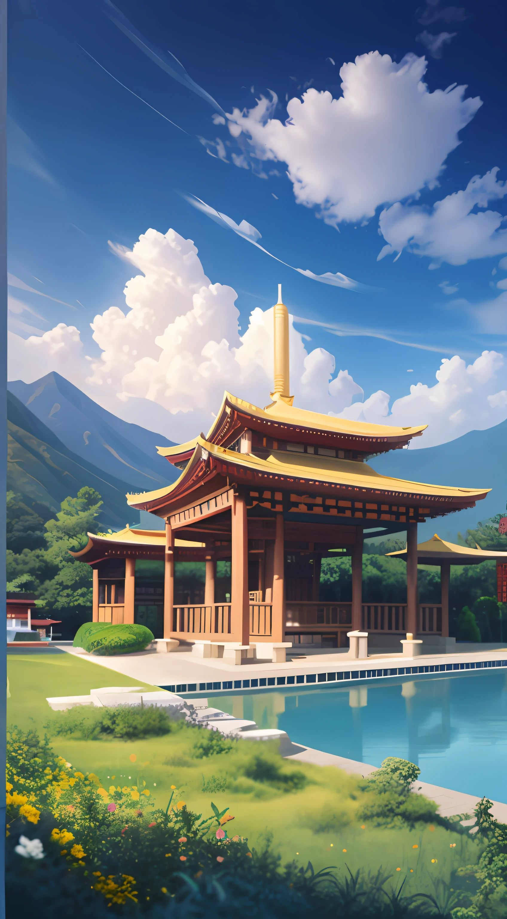 there is a painting of a pagoda in the middle of a lake, digital painting of a pagoda, Temple Background, buddhist temple, background depicting a temple, Zen temple background, japanese temples, buddhist architecture, tibetan inspired architecture, water temple, Temple, Beautiful rendering of the Tang Dynasty, Inspired by Yoshida Hanbei, inspired by Shūbun Tenshō, Chinese style buildings
