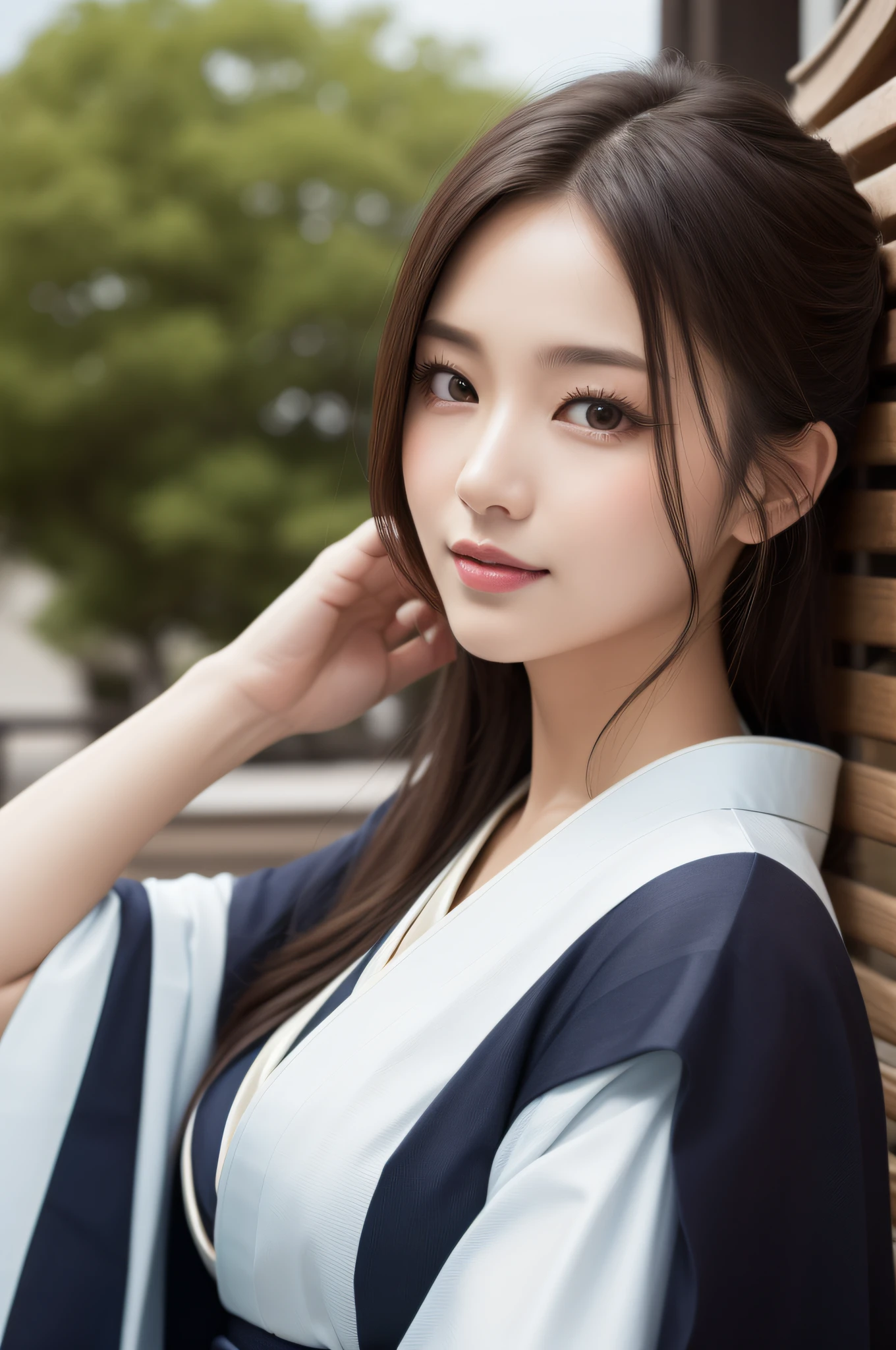 ((finely best quality、8K、a masterpiece of:1.3))、foco nítido:1.2、(ultra beautiful faces:1.0)、(Slender Abs Beauty:1.0)、(shinny skin:1.0)、photograph realistic、Black-haired、Realistic pupils、Video Lighting、High-definition eyes and face、Video Lighting、(cowboy shot:1.3)、(Kimono、Hakama、Obi:1.4)、(Korean Cute Actress)、Traditional kimono、from the front side、medium large breasts、A slight smile