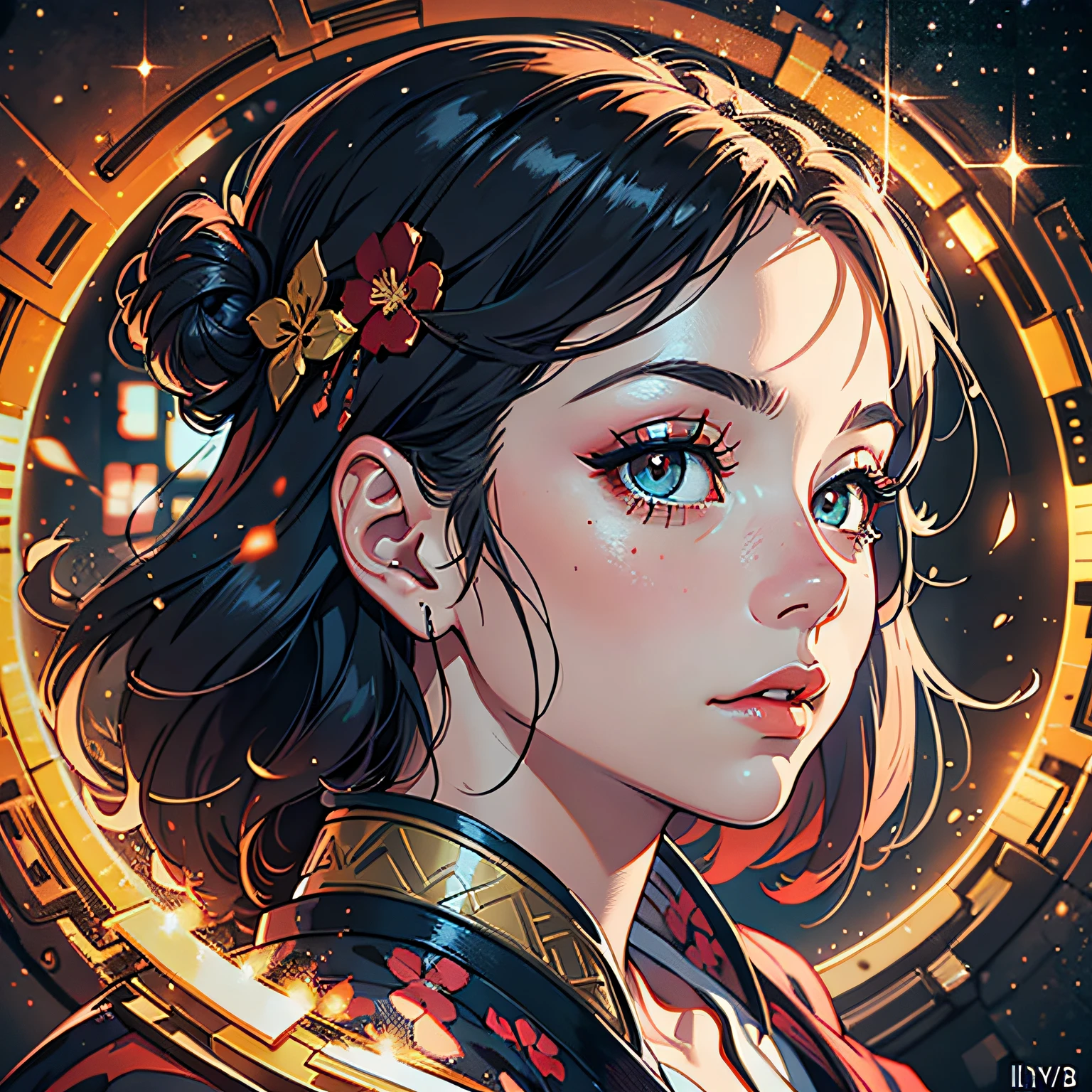 ridiculous resolution, hight resolution, (tmasterpiece: 1.4), super detailed, outer space, floating, onmyoji,Japanese woman, hyper-detailing, warm tones, intricate details, volumetric, art by Iliya Kuvshinov, a glaring eyes, dvArch Modern, 85 mm, f1.8, portraite of a, photo-realistic, A hyper-realistic, orange, Ultra-detailed, intrikate, dramatic, Sunset lighting, eye shadow, wide dynamic range