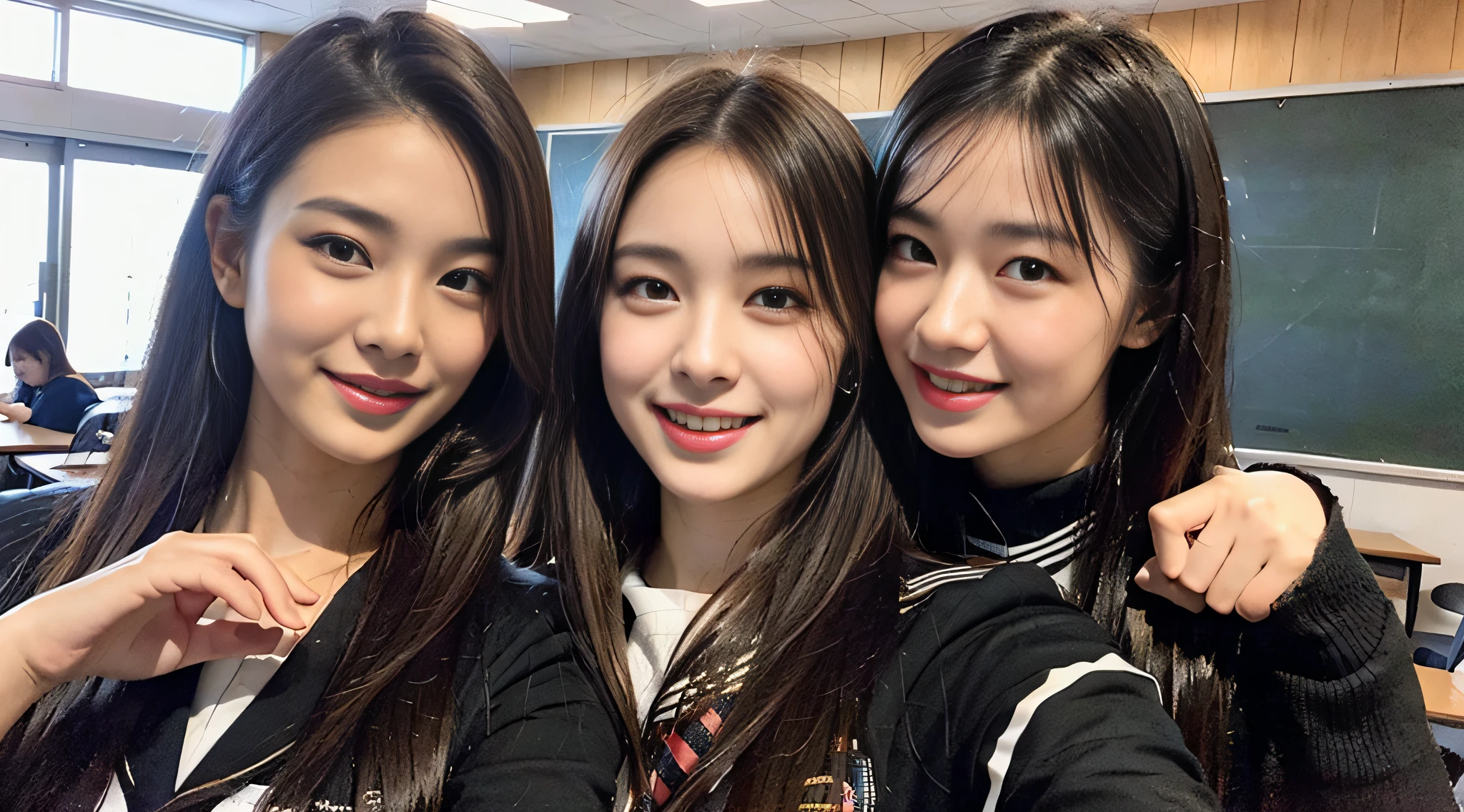 (8K、Raw photography、finely best quality、​masterpiece:1.2)、ultra-detailliert、ultra res、(realisitic、Real Photographics:1.47)、（High school girl sitting at desk in classroom）school classrooms、Full of heart、Heart pattern（Fantastic lighting）head to waist、indirect lighting、de pele branca、Fair-skinned female proofreading、An ultra-high picture quality、、Beautiful female proofreading reflecting in light、amazing detailed、Beautiful girls in very detailed、Faces with different patterns、Different face patterns、Each hairstyle has its own characteristics、Farbe々Hairstyle、Farbe々Hair color shining with clean light、Having a conversation in a classroom at school、Brown hair shining in the light、One has a ponytail、、Modern cute high school girl、very detailed faces very detailed eyes、Very realistic skin、 extremely detailed fingers, highly detailed nose, highly detail mouth, perfect anatomia, Highly detailed sailor suit、highly detailed back ground,After school、Smiling school girls are gathered in the hallway of the school。They are hugging each other in uniform、Light from bright windows illuminates the classroom、The details of their hair and uniforms shine through、Burning teeth and smiling、Realistic body, de pele branca, glistning skin, Slim body,  Long straight hair, (Blunt bangs:1.2), , nixeu and sakimichan, TWICE, Seifuku, sakimichan, JK Uniform, wearing japanese school uniform, promo still, Larisa Manobal, Japan school uniform, japanese girl school uniform, alena aenami and lilia alvarado