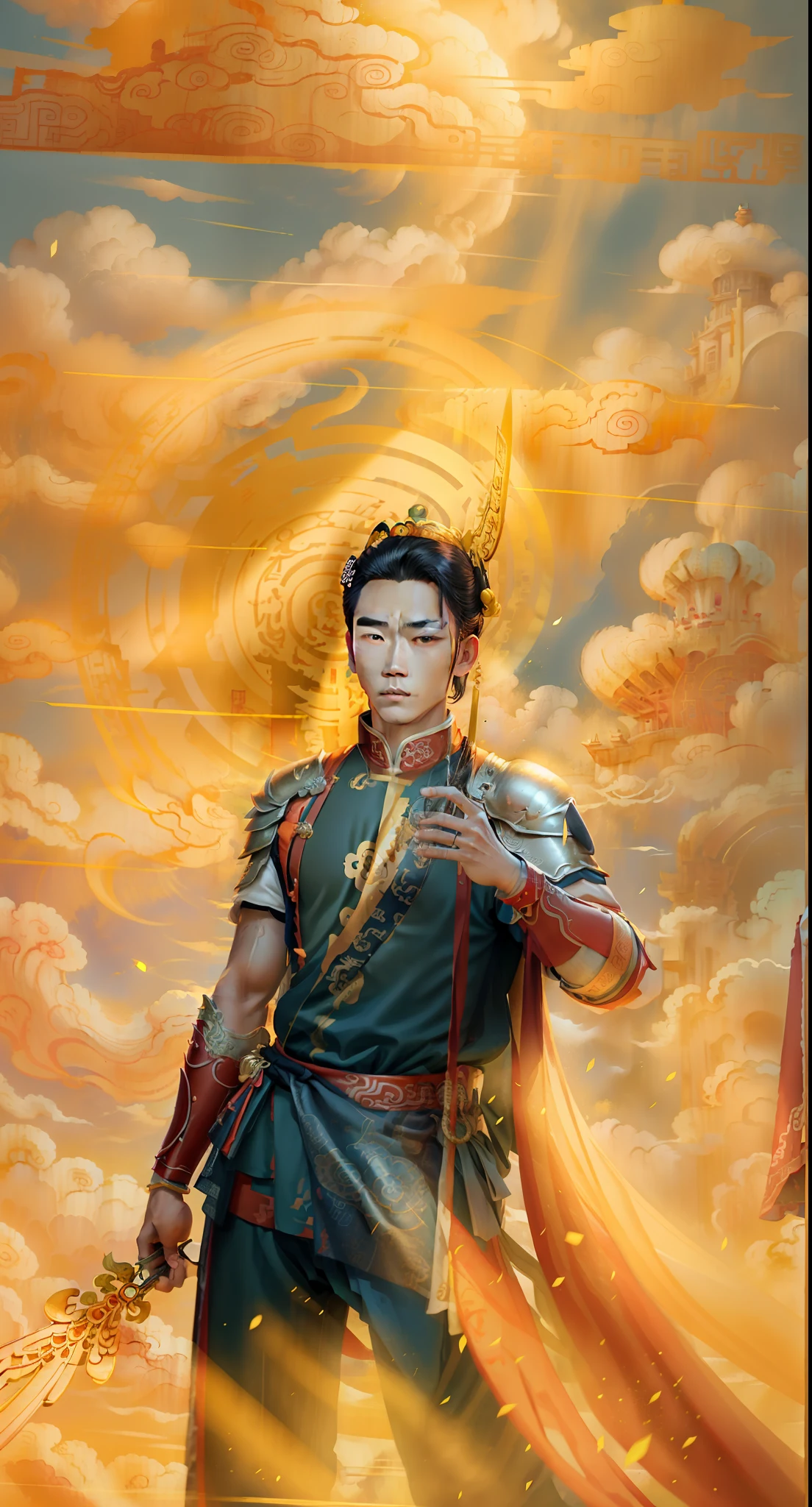 Handsome teenager，Wearing the armor of Chinese mythology，In his left hand is the Ruyi Golden Hoop Stick（（Background with：A sky full of palaces and clouds）），（（Discreet lighting））。