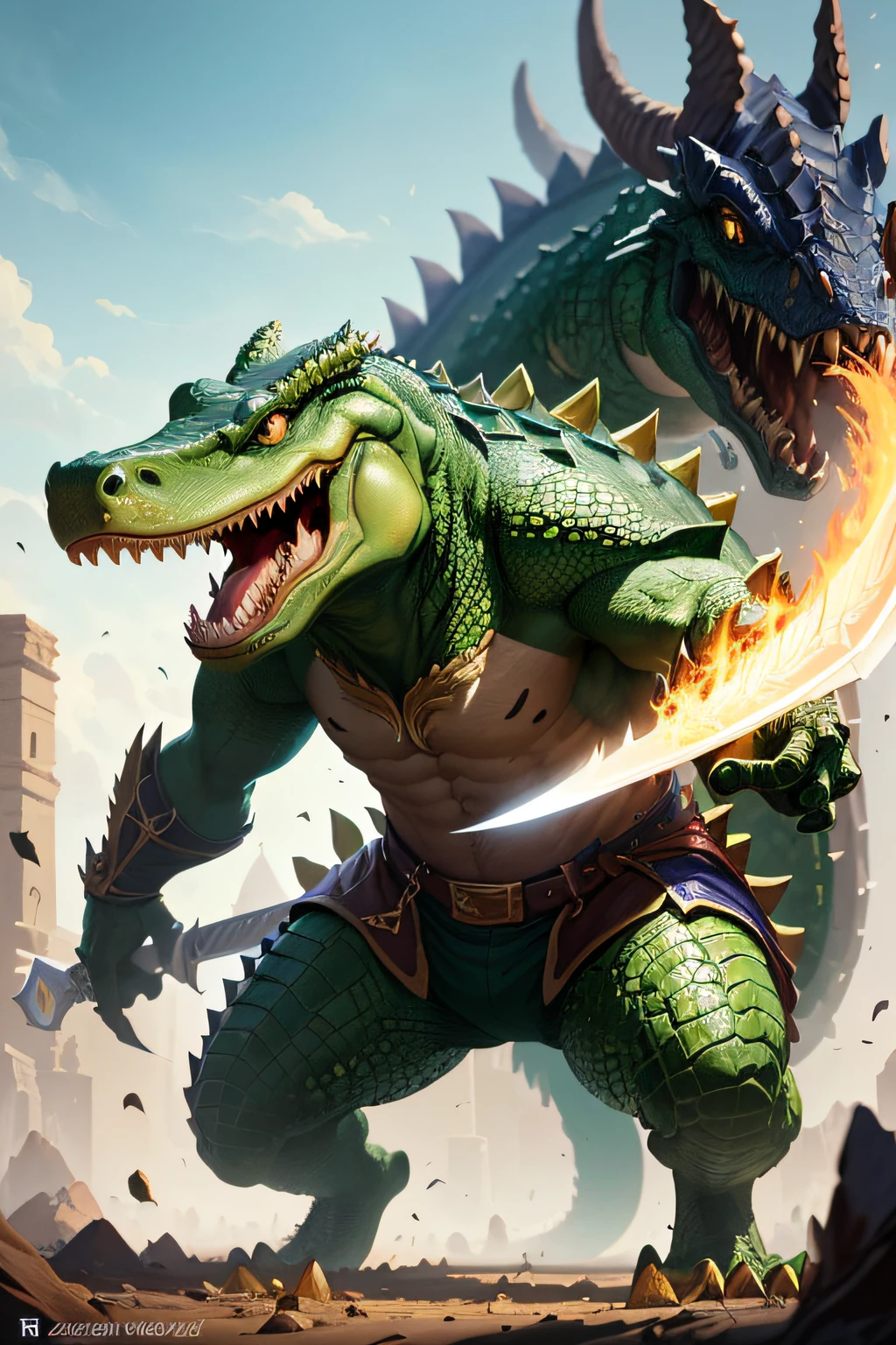 there is a green dragon with a sword and a man with a dragon head, crocodile loki, lizardman art, collectible card art, by Ignacio Zuloaga, wojtek fus, epic fantasy card game art, as atlantean reptilian warriors, forsaken crocodile god, by Adam Marczyński, hyperrealistic d & d fantasy art