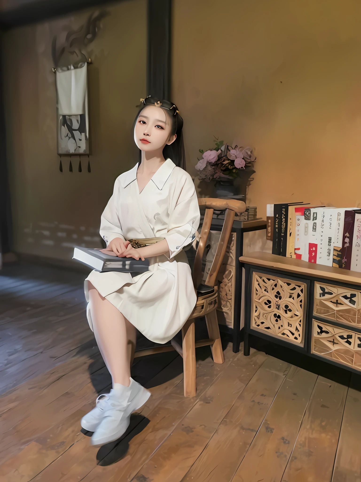 there is a woman sitting in a chair in a room, with acient chinese clothes, inspired by Chen Daofu, palace ， A girl in Hanfu, inspired by Shin Saimdang, Wearing ancient Chinese clothes, author li zhang, White Hanfu, inspired by Zhang Zeduan, inspired by Emperor Huizong of Song, Inspired by Tang Yifen