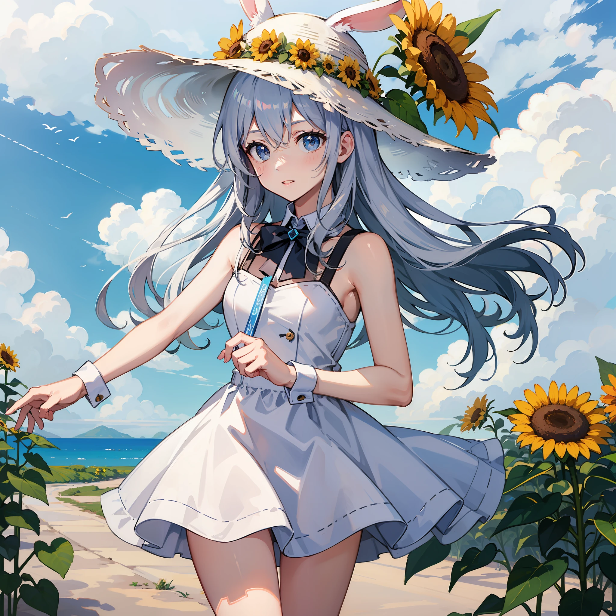 teens girl Rabbit ears has silver hair a straw fedora hat white clothes sunflowers fields blue-sky Running high-level image quality ren