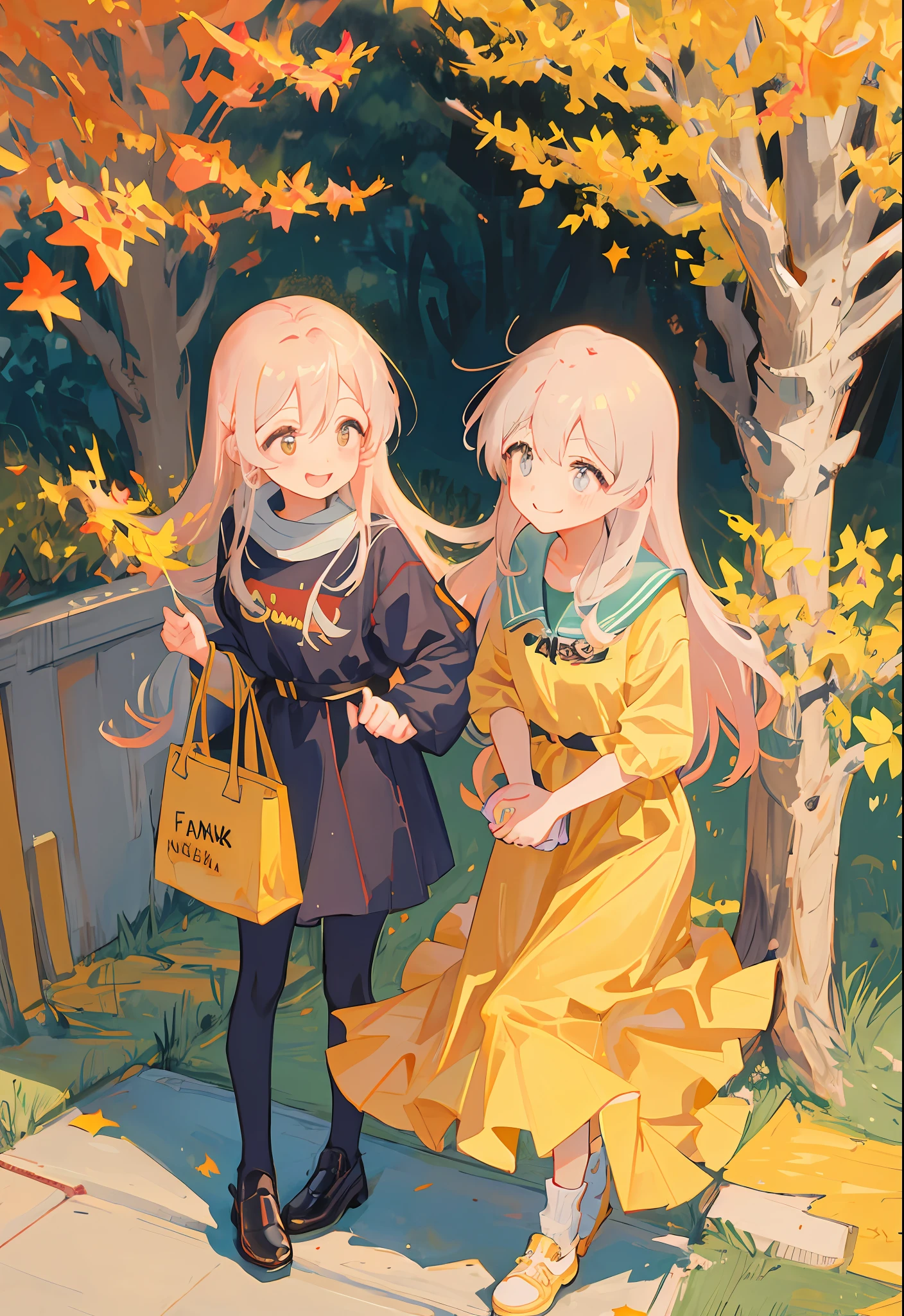 fall season,duo,eventide,parks,Under a large tree with golden leaves,cute girly,