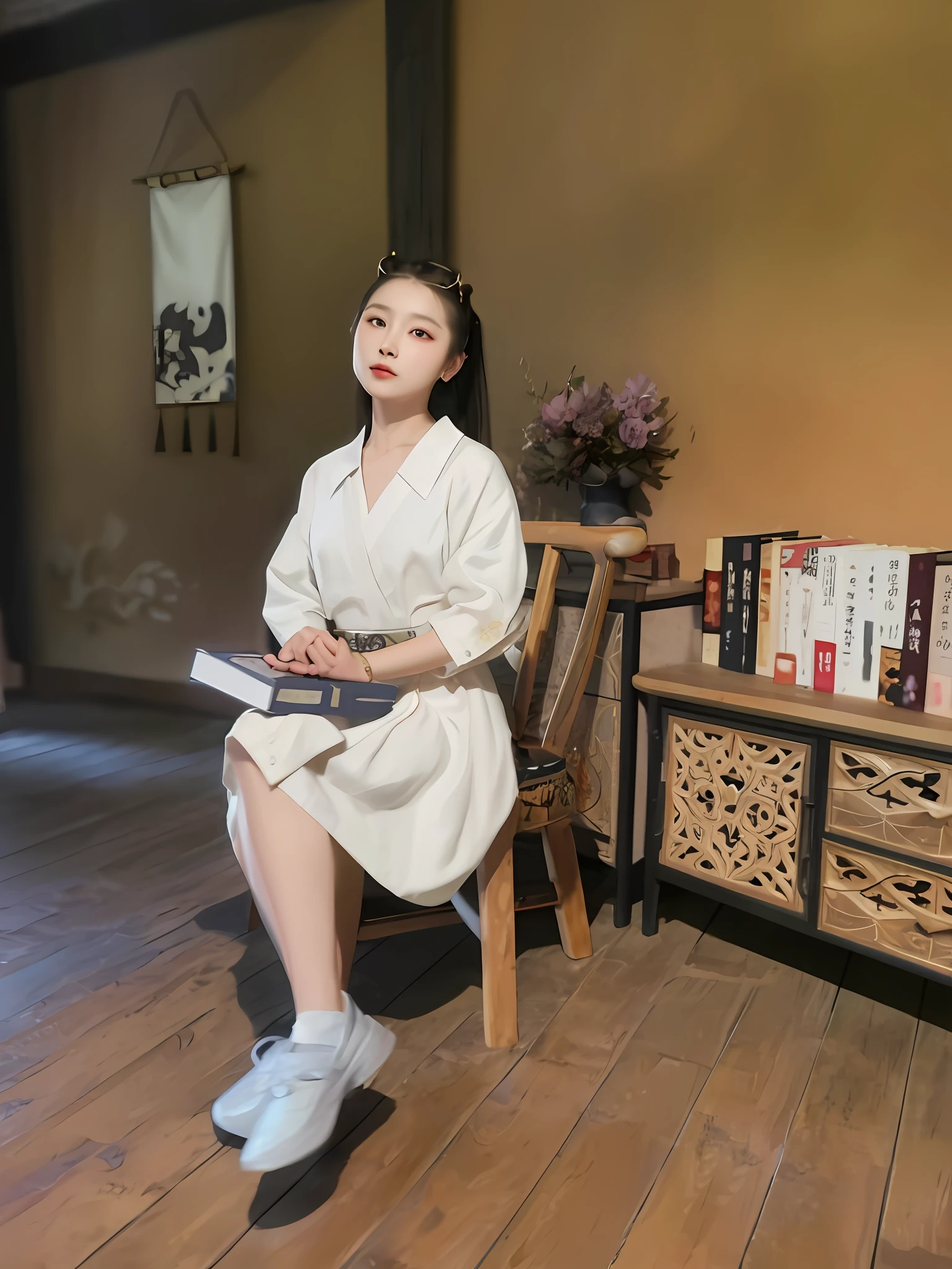 there is a woman sitting in a chair in a room, with acient chinese clothes, inspired by Chen Daofu, palace ， A girl in Hanfu, inspired by Shin Saimdang, Wearing ancient Chinese clothes, author li zhang, White Hanfu, inspired by Zhang Zeduan, inspired by Emperor Huizong of Song, Inspired by Tang Yifen