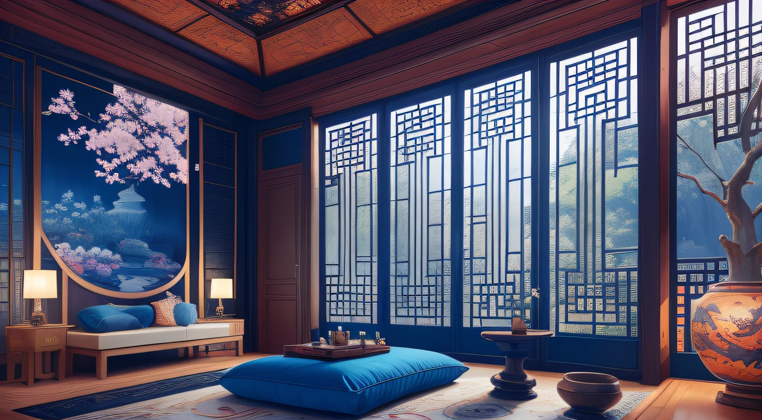(antique interior design), Chinese home furnishings, round porch, depth, symmetrical design, ((antique carved door beams, carved beam paintings, tables and chairs, bonsai, vases, porcelain, trees, flowers, Chinese lamps, embroidery, screens, beds, cushions, blue sand curtains)), exquisite home, rich details, ancient Chinese Ming Dynasty style, quiet and elegant atmosphere, blue tones as the keynote, exquisite and soft painting style, cinematic lighting effects, HD picture quality, soft light, Tyndall effect, dreamy, rich details, Reference Gu Kaizhi, 32k, high quality, high resolution, (very detailed CG unity 8k wallpaper)