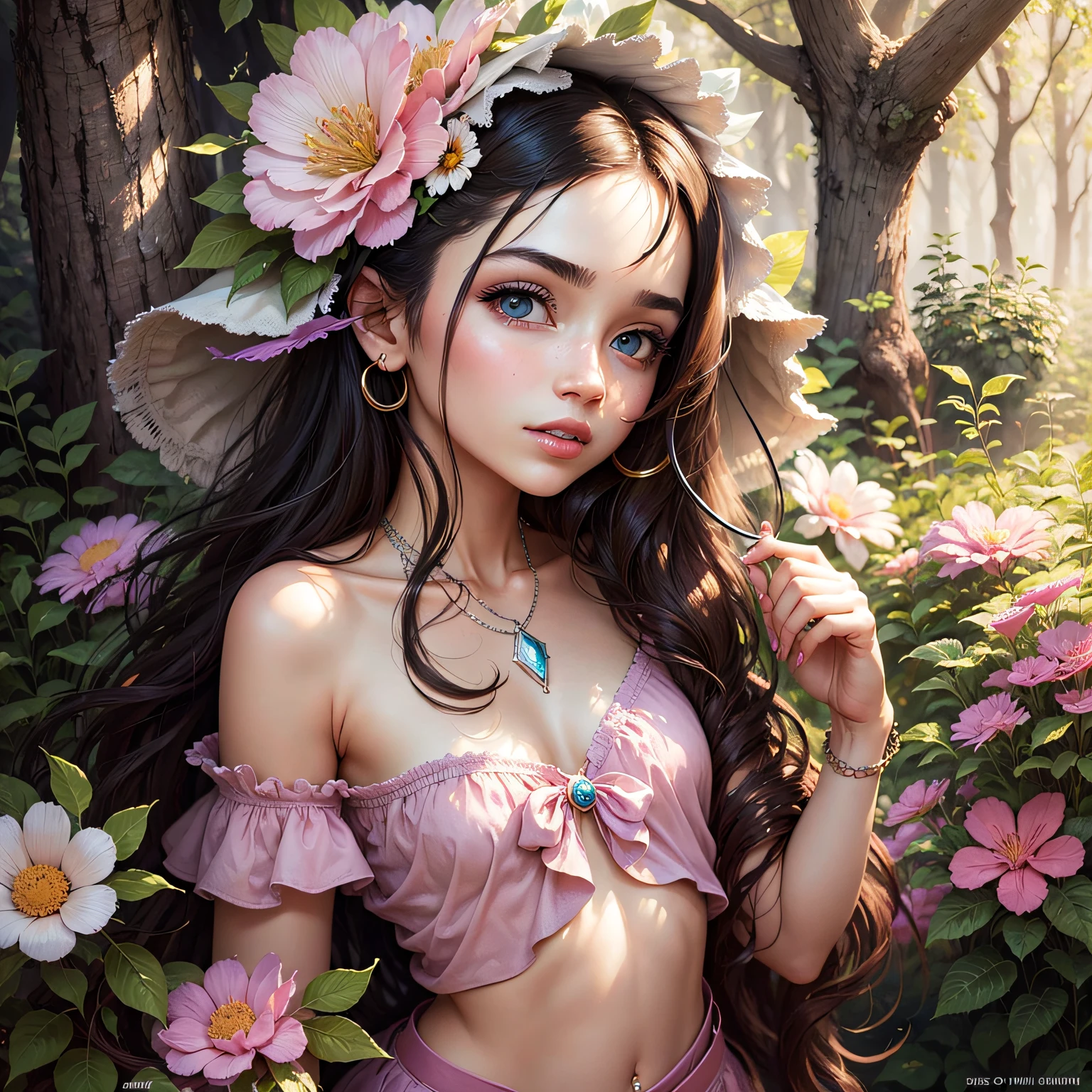 Lisa Frank Art Color, Full Body, Small Breasts, Perfect Buttocks, Beautiful Woman, Multicolored Long Hair, Multicolored Aurora, Art Face by Tom Bagshaw, Emile Vernon Style, Full Body Dynamic Motion Pose, Beautiful Woman with Long Hair, Jewelry gold, oil painting, fantasy, intricate, stunning highly detailed girl by Artgerm and Edouard Bisson, beautiful elegant, fantasy, flowers, forest, Highly Detailed, Digital Airbrush, photorealistic, Octane Rendering, black hair, black lips, gothic, rapunzel hair long, long golden and black hair, long golden and black hair, Digital Painting, soft skin wide eyes watercolor, style, sketch, Watercolor paiting, Watercolorist, Portrait of a beautiful girl with long curly hair, Vintage cartoon, GHIBLI , Artgerm, WLOP , Alphonse Mucha Intricately detailed hyper-detailed dynamic lighting Splash art trend in triadic colors Artstation Volumetric lighting Unreal Engine 5, See-through clothing, slight smile,, legs spread, View of pubic hair, 1 sexy girl in see-through forest clothing, breasts exposed, Open transparent T-shirt, Tattoos of mandalas and flowers, The best quality,