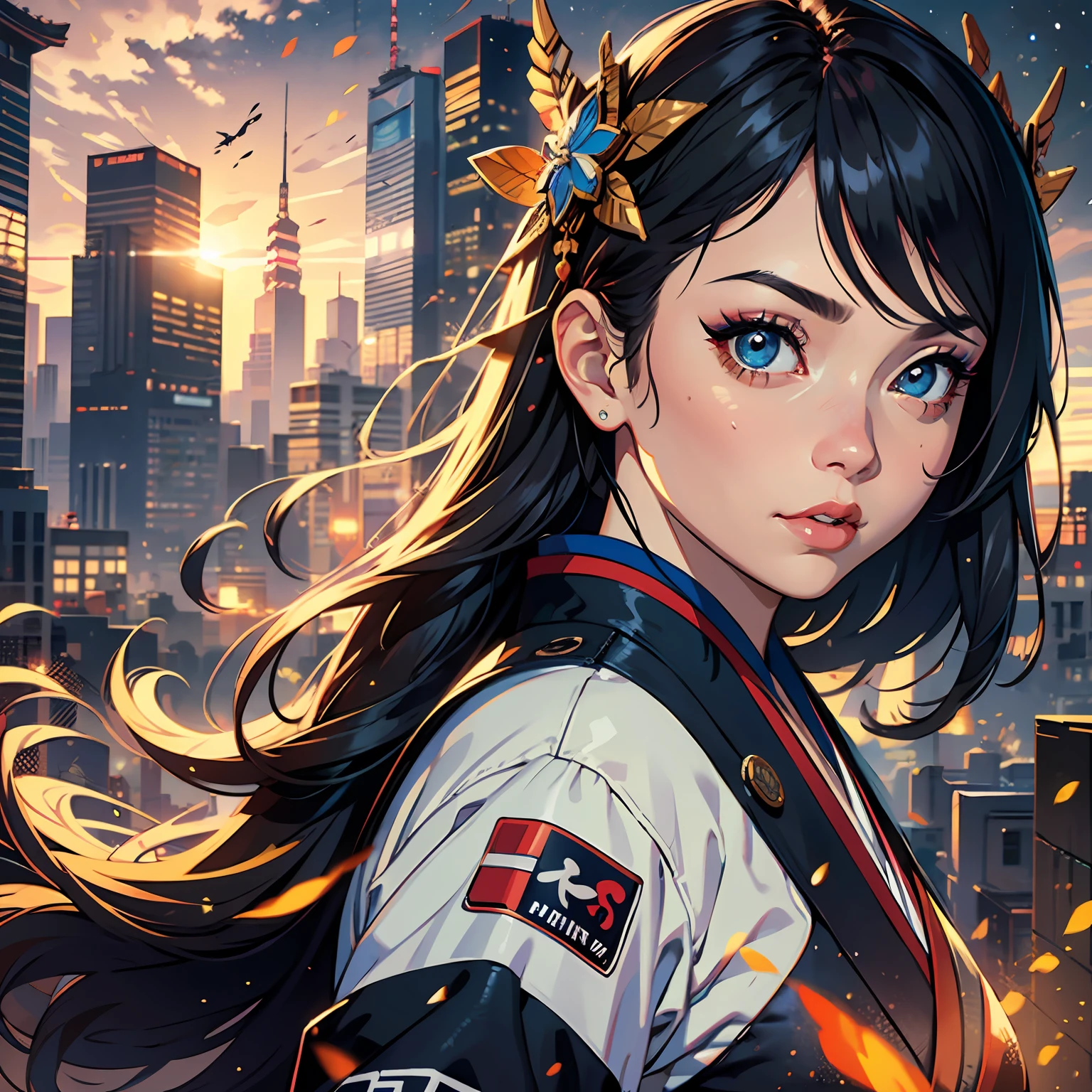 ridiculous resolution, hight resolution, (tmasterpiece: 1.4), super detailed, outer space, floating, onmyoji,Japanese woman, hyper-detailing, warm tones, intricate details, volumetric, art by Iliya Kuvshinov, a glaring eyes, dvArch Modern, 85 mm, f1.8, portraite of a, photo-realistic, A hyper-realistic, orange, Ultra-detailed, intrikate, dramatic, Sunset lighting, eye shadow, wide dynamic range