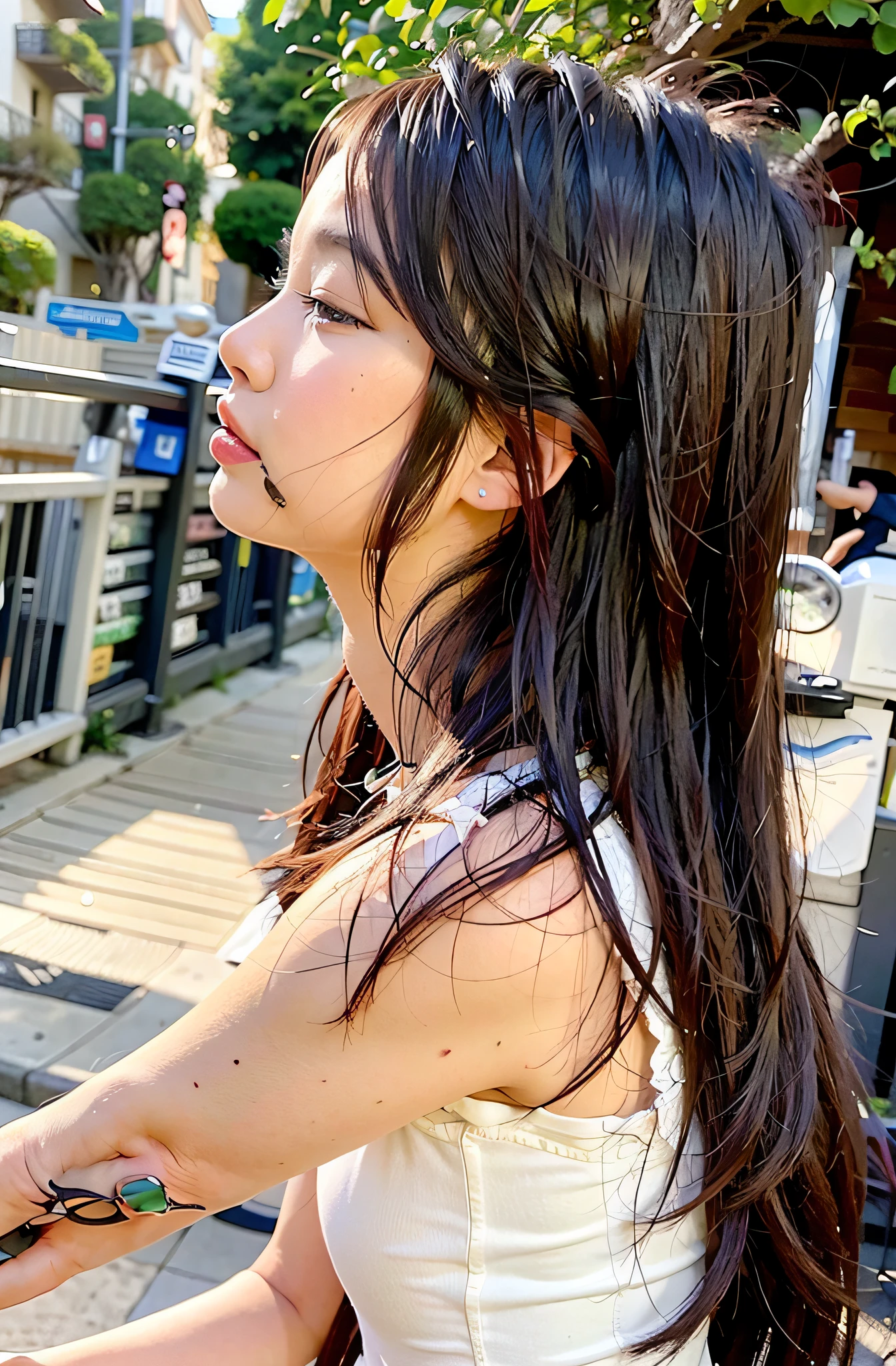 there is a woman that is holding a banana in her hand, head turned to the side, Asian girl with long hair, f / 1. 9 6. 8 1 mm ISO 4 0, With long hair, 2 8 years old, 2 9 years old, side looking, deep gaze to the side, 2 7 years old, young cute wan asian face