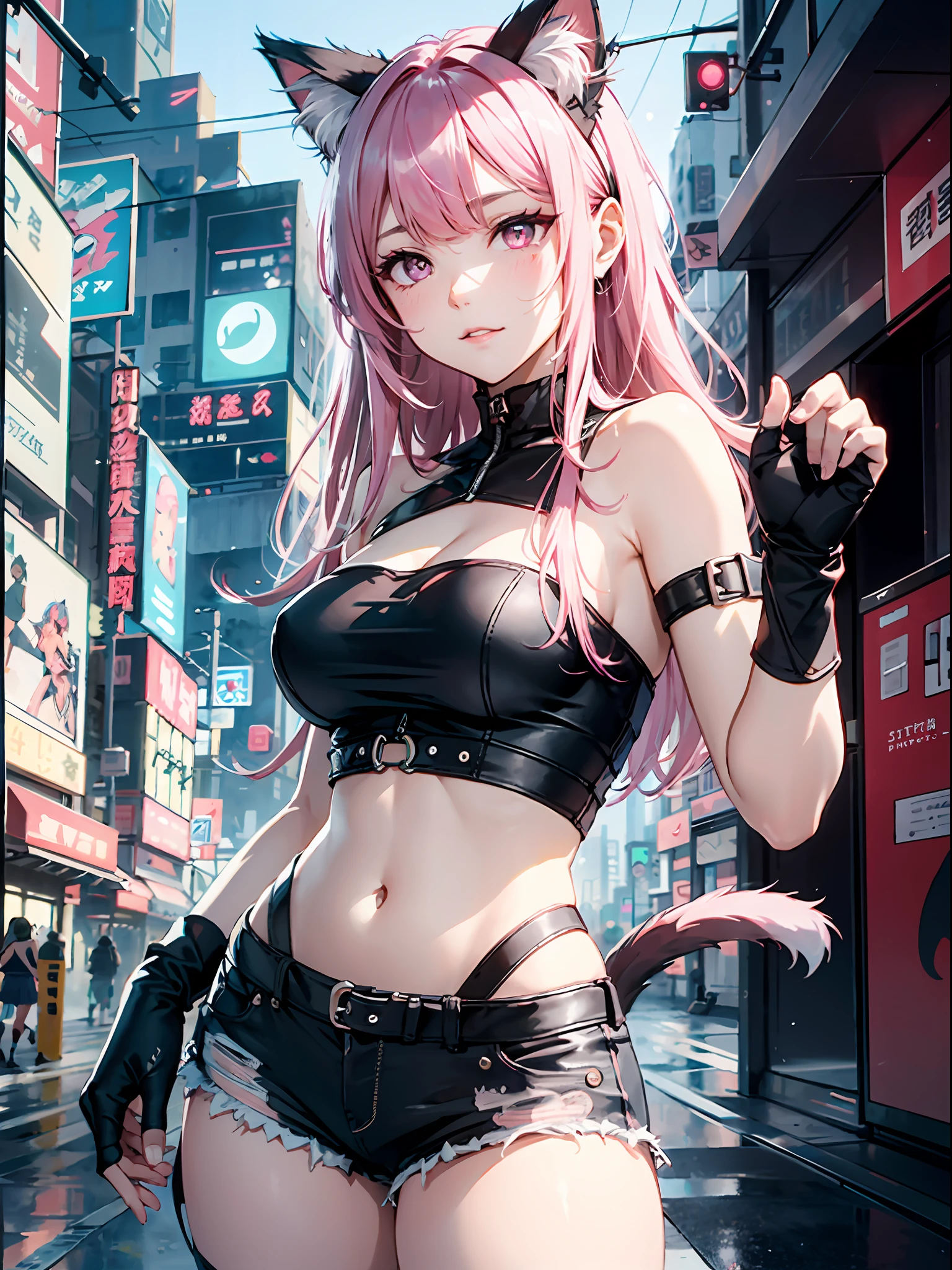 Backlight,Cyberpunk City,((ninjartist)),(Cat girl),((Babe)),敞开的外套Parted bangs,((sitted)),pink_eyes,strapless tank top, navel cutout,Shorts,Fingerless gloves,Tail,(head portrait)