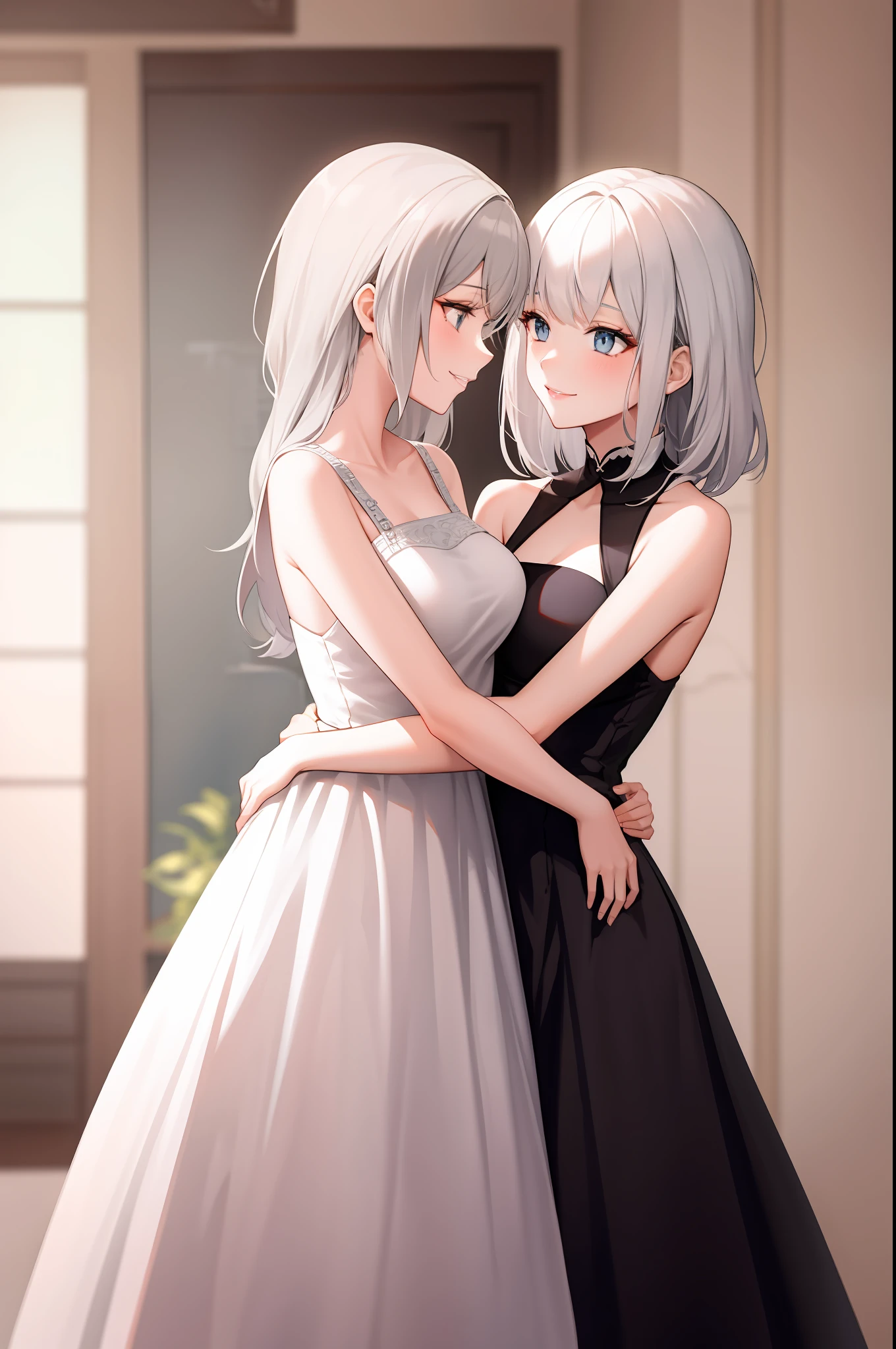 quadratic element，Two beautiful girls with white hair，hugs，Four eyes opposite，With a smile，Dressed in a long white dress，