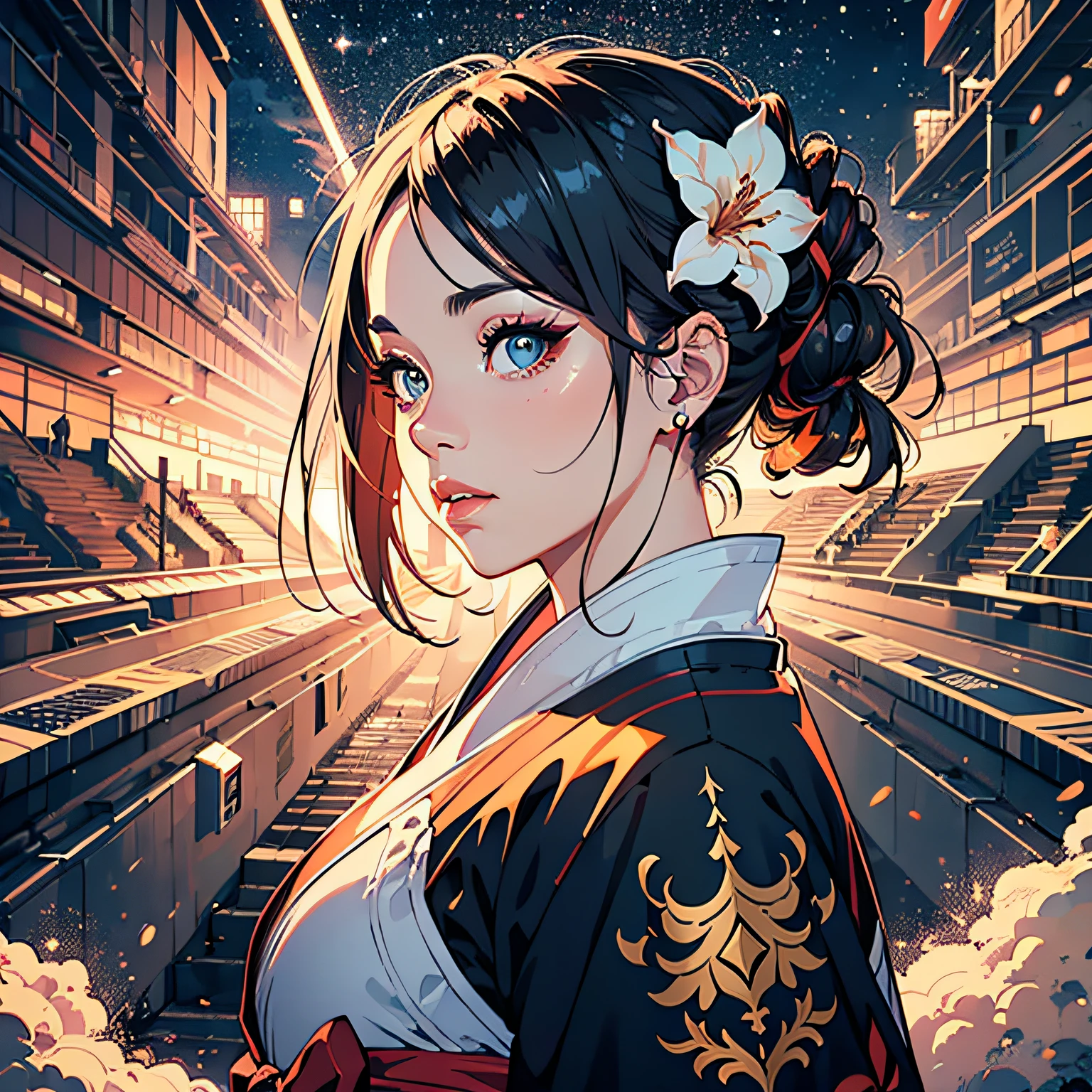 ridiculous resolution, hight resolution, (tmasterpiece: 1.4), super detailed, outer space, floating, onmyoji,Japanese woman, hyper-detailing, warm tones, intricate details, volumetric, art by Iliya Kuvshinov, a glaring eyes, dvArch Modern, 85 mm, f1.8, portraite of a, photo-realistic, A hyper-realistic, orange, Ultra-detailed, intrikate, dramatic, Sunset lighting, eye shadow, wide dynamic range